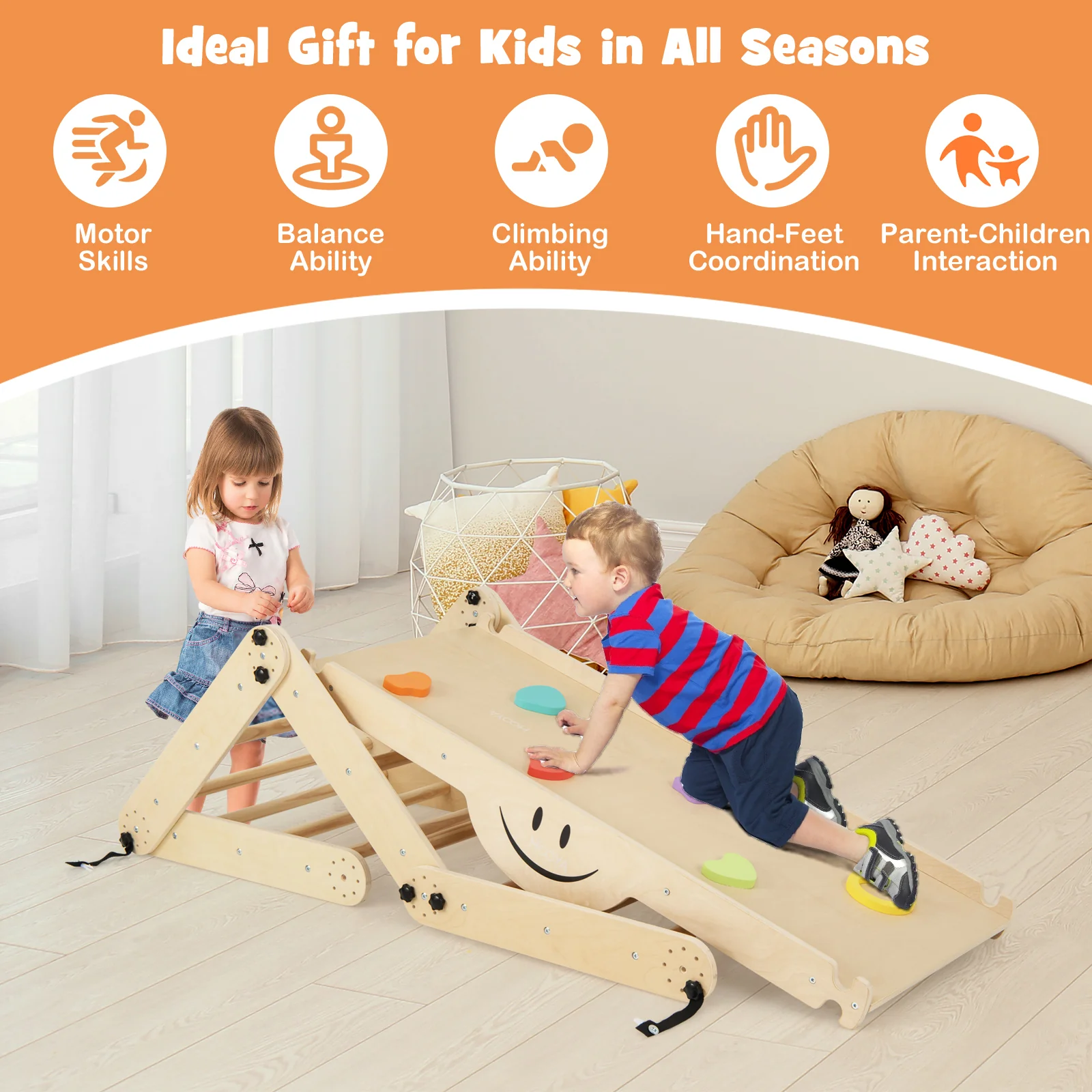 HONEY JOY Kids Climbing Playset, Children Triangle Ladder Play Toy Indoor Jungle Gym w/Reversible Ramp - Image 8