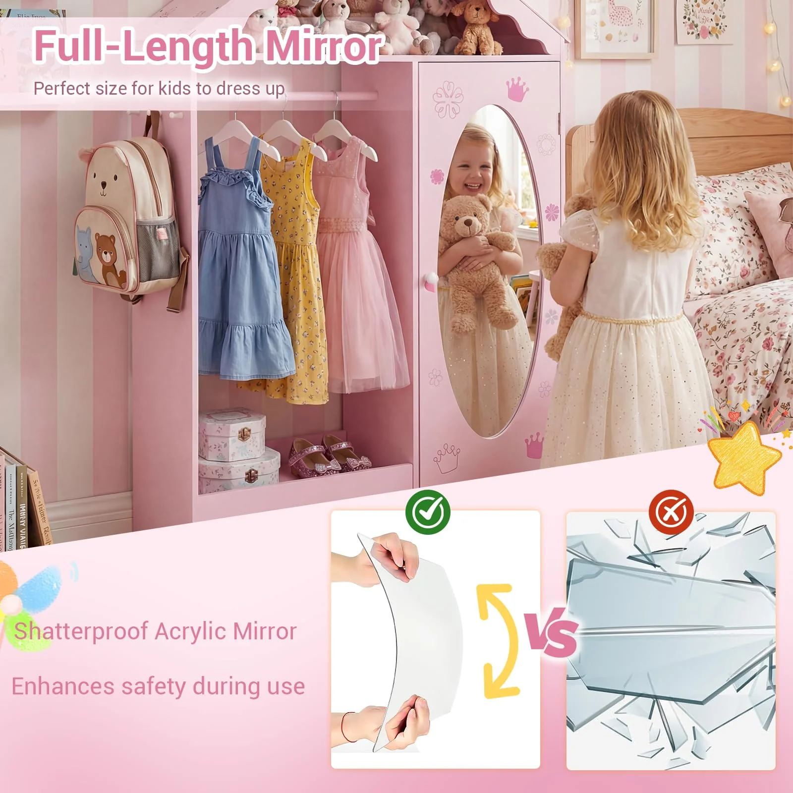 HONEY JOY Kids Clothing Rack with Mirror, Children Dress Up Center - Image 5