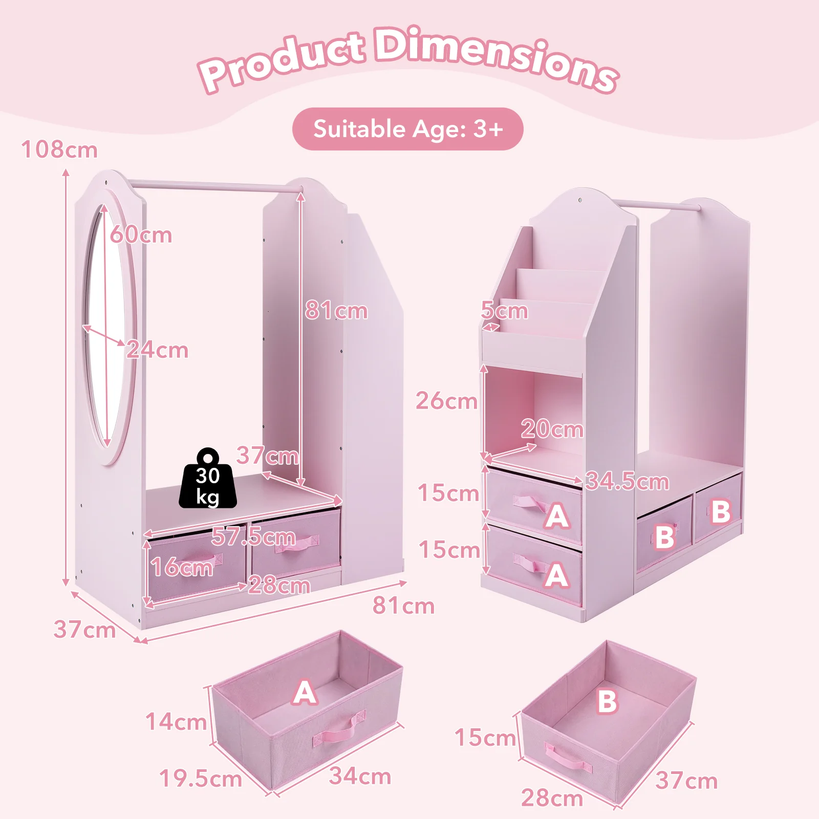 HONEY JOY Kids Clothing Rack with Mirror, Dress Up Storage Cabinet - Image 3
