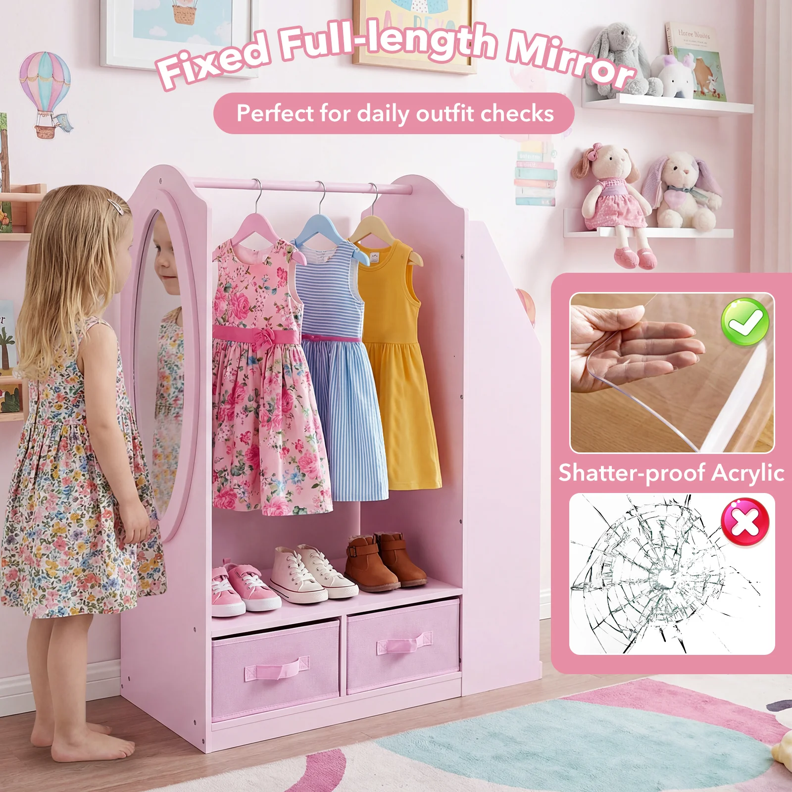 HONEY JOY Kids Clothing Rack with Mirror, Dress Up Storage Cabinet - Image 6