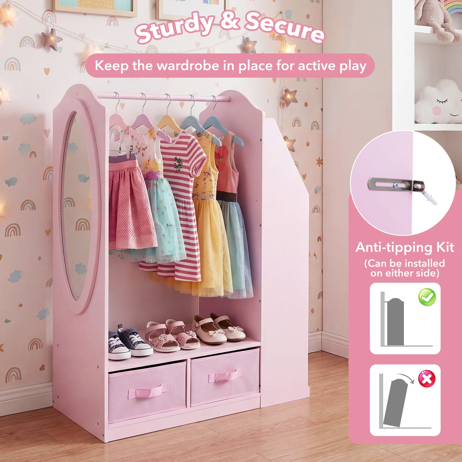 HONEY JOY Kids Clothing Rack with Mirror, Dress Up Storage Cabinet - Image 7