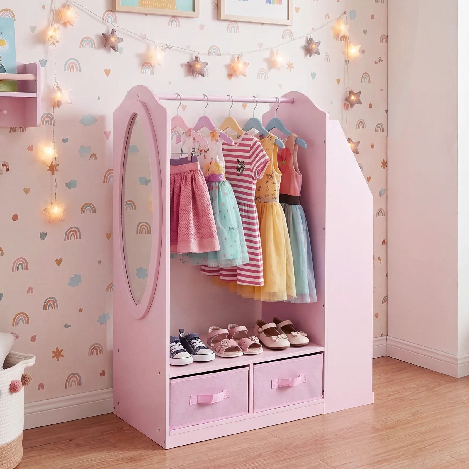 HONEY JOY Kids Clothing Rack with Mirror, Dress Up Storage Cabinet - Image 8
