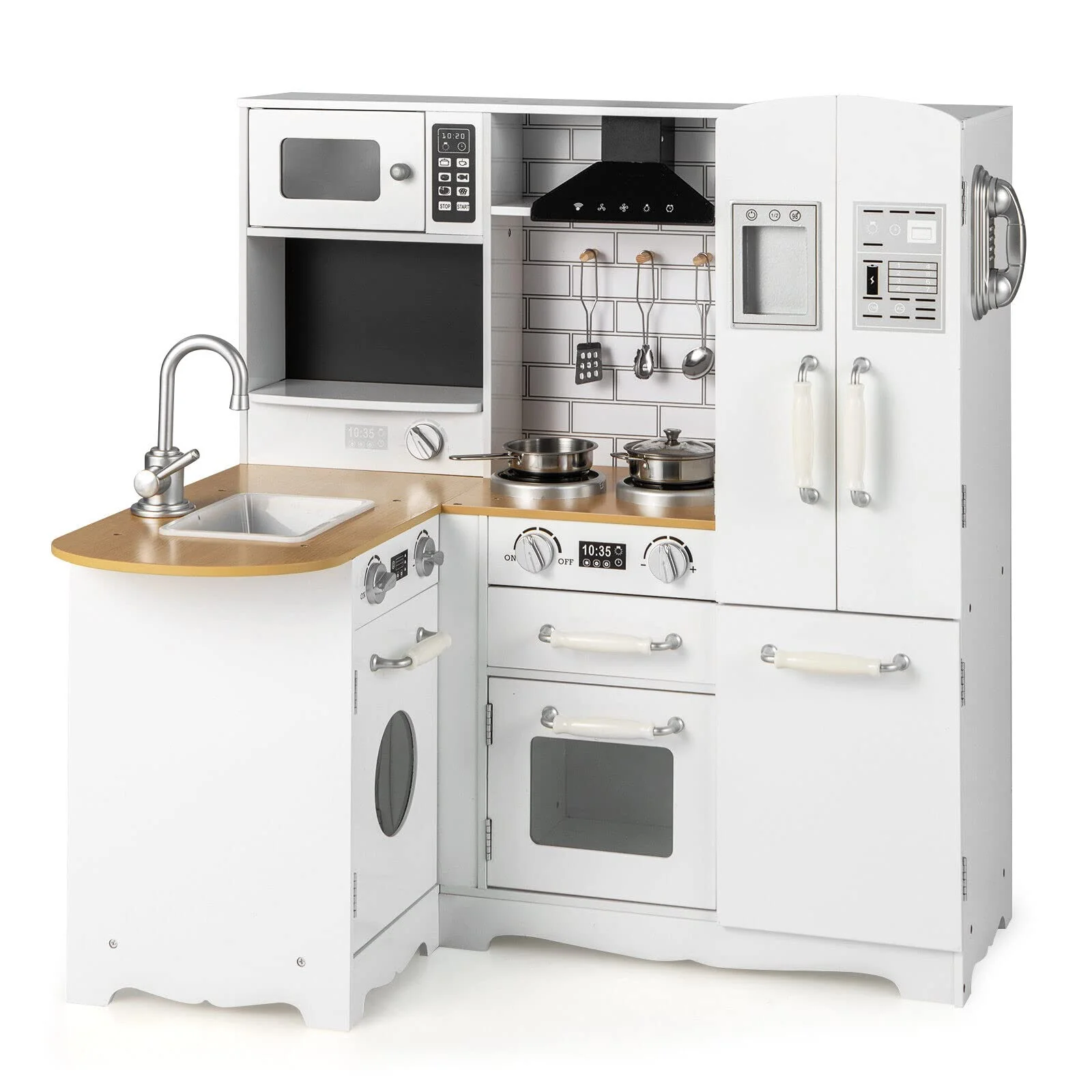 HONEY JOY Kids Corner Kitchen Playset, Wooden Pretend Playset w/Realistic Washing Machine, Microwave Oven