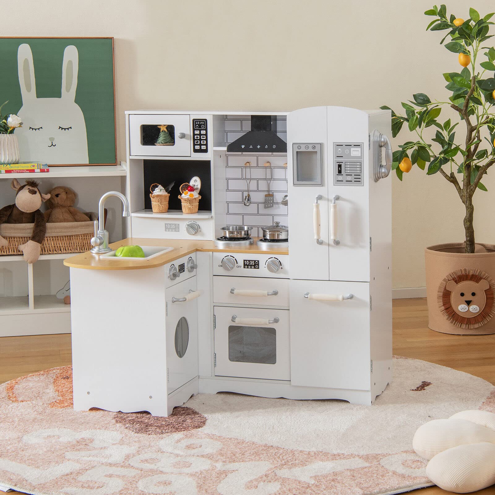 HONEY JOY Kids Corner Kitchen Playset, Wooden Pretend Playset w/Realistic Washing Machine, Microwave Oven - Image 2