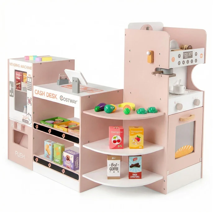 HONEY JOY Kids Grocery Store Playset, Wooden Pretend Play Supermarket w/Vending Machine - Image 10