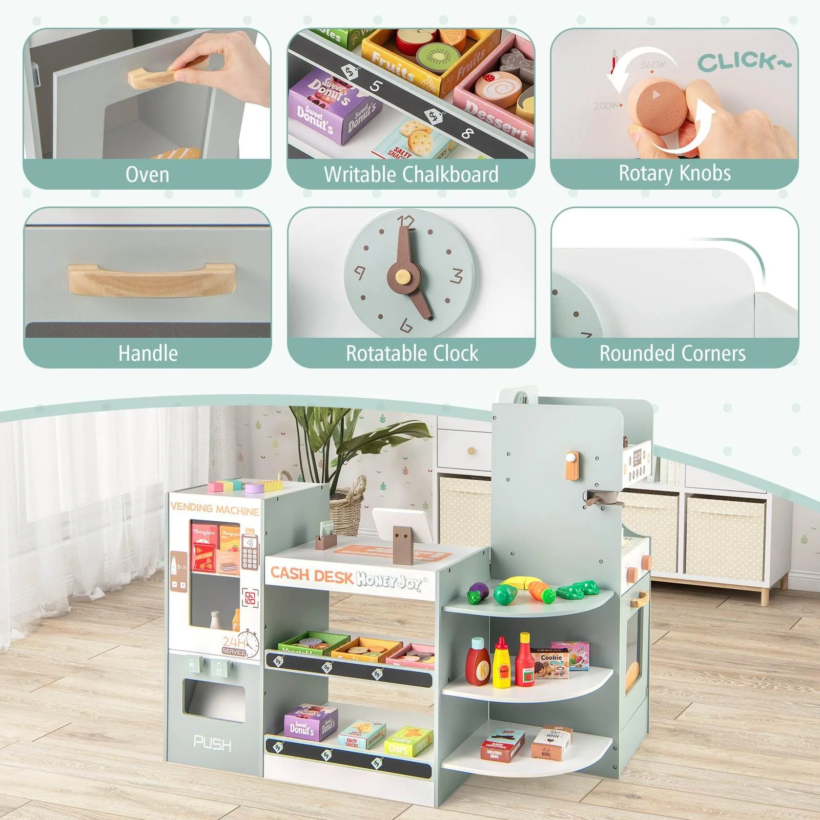 HONEY JOY Kids Grocery Store Playset, Wooden Pretend Play Supermarket w/Vending Machine - Image 5