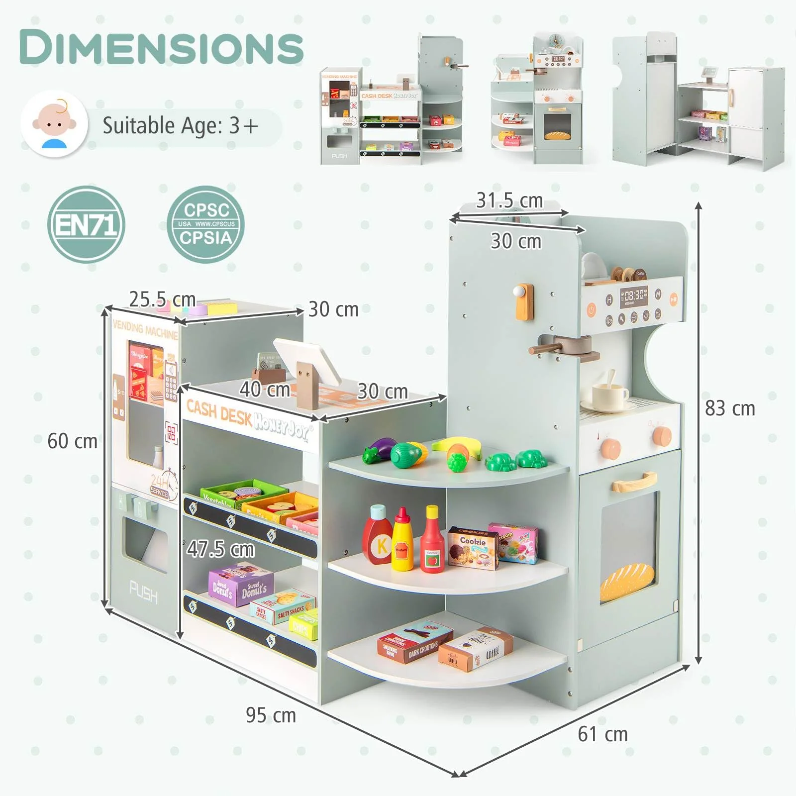 HONEY JOY Kids Grocery Store Playset, Wooden Pretend Play Supermarket w/Vending Machine - Image 6