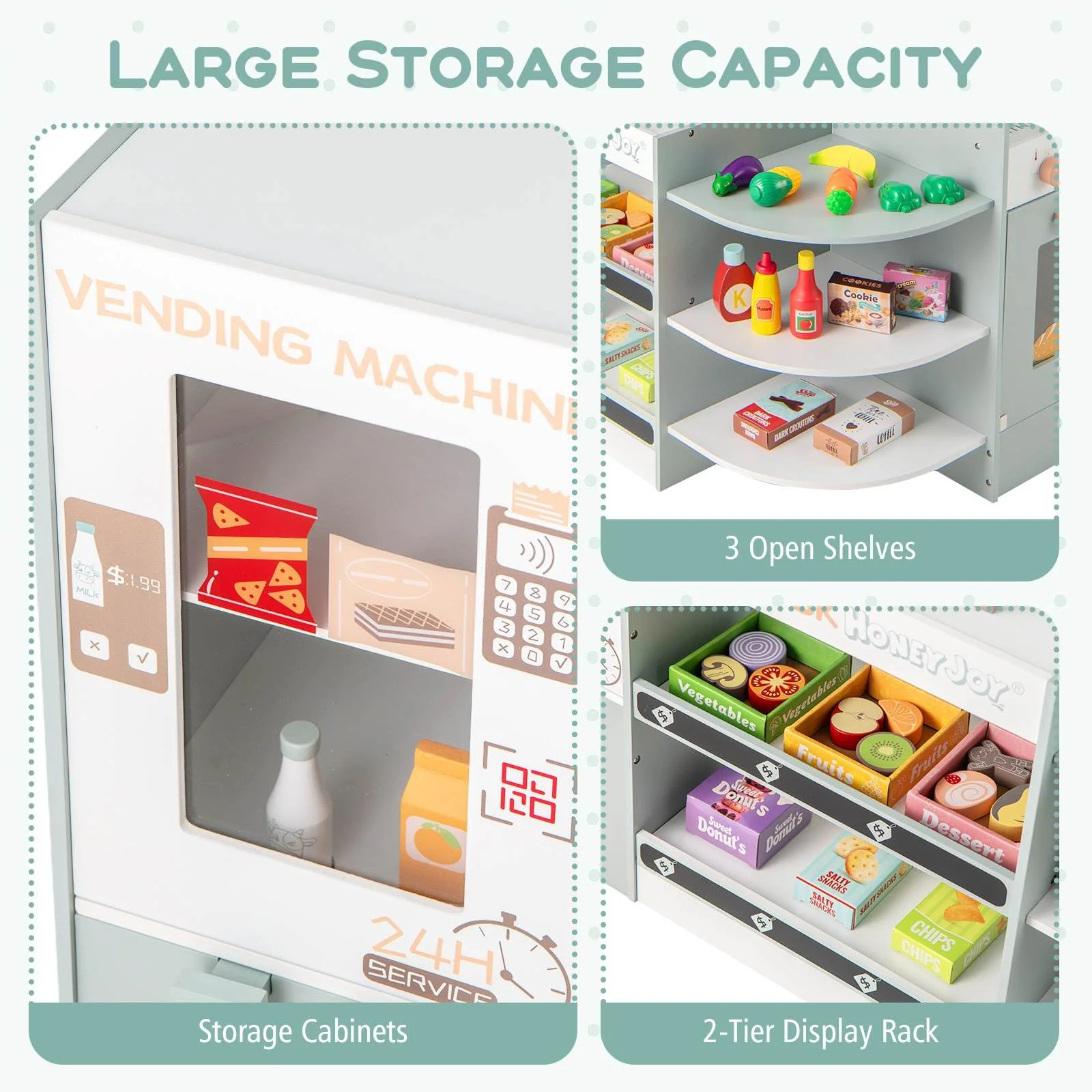 HONEY JOY Kids Grocery Store Playset, Wooden Pretend Play Supermarket w/Vending Machine - Image 7