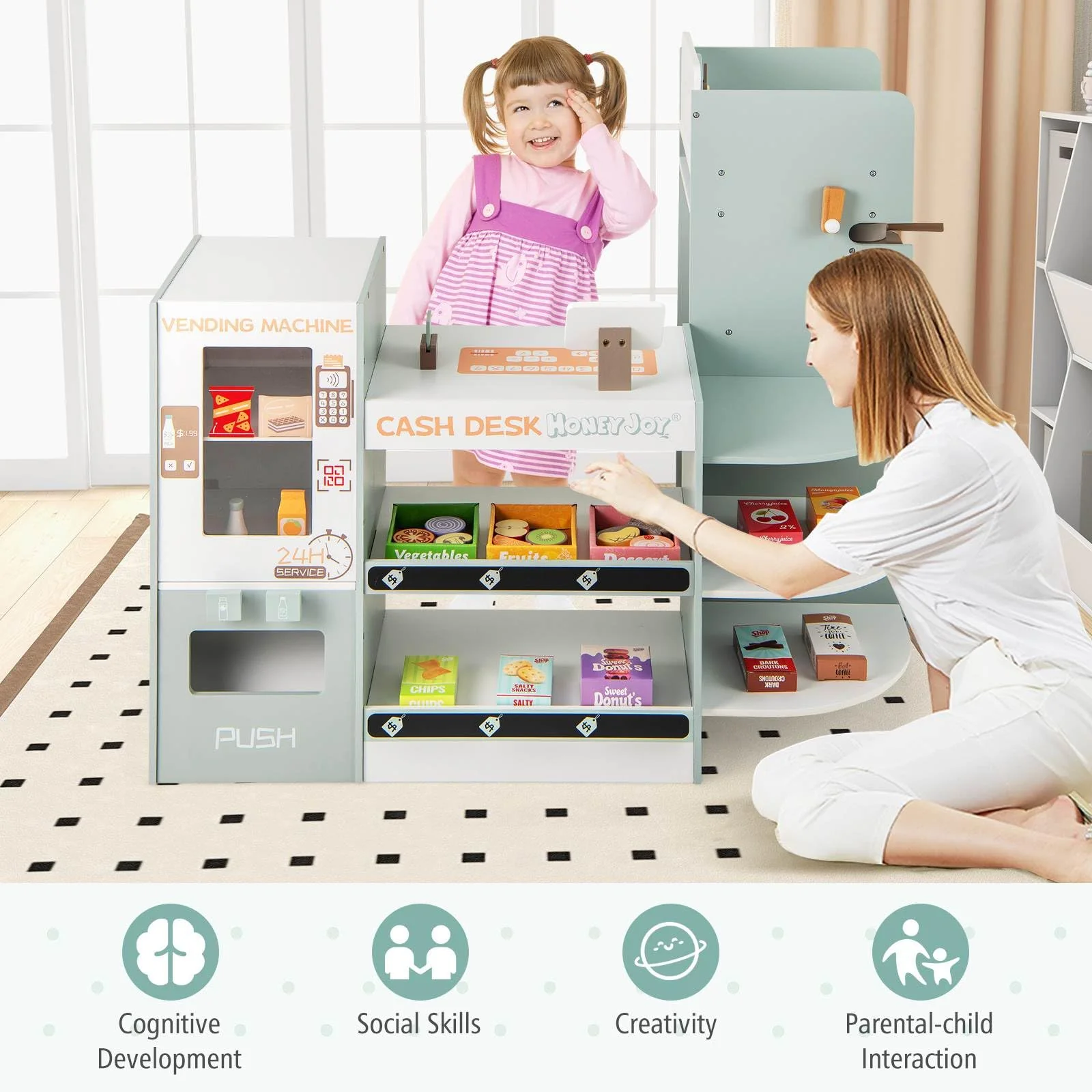 HONEY JOY Kids Grocery Store Playset, Wooden Pretend Play Supermarket w/Vending Machine - Image 9