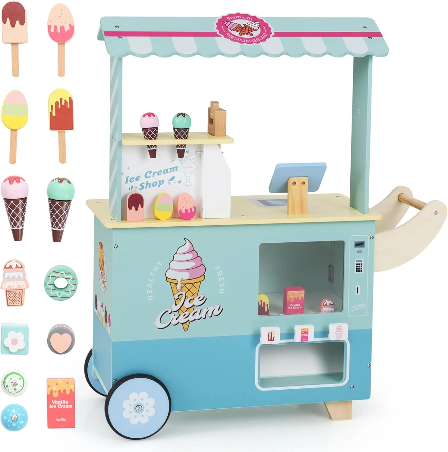 HONEY JOY Kids Ice Cream Cart, Ice Cream Truck Pretend Play Set with Vending Machine & Ice Cream Maker Toys - Image 11
