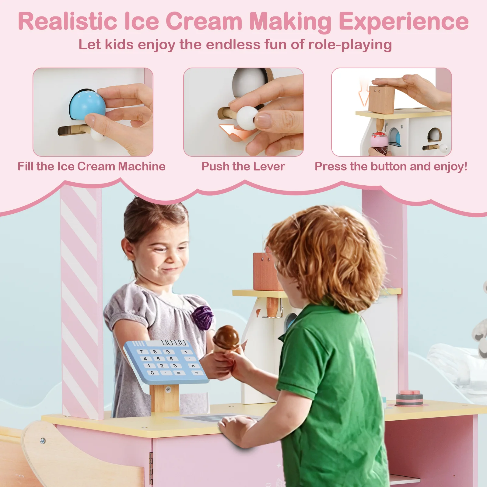 HONEY JOY Kids Ice Cream Cart, Ice Cream Truck Pretend Play Set with Vending Machine & Ice Cream Maker Toys - Image 4