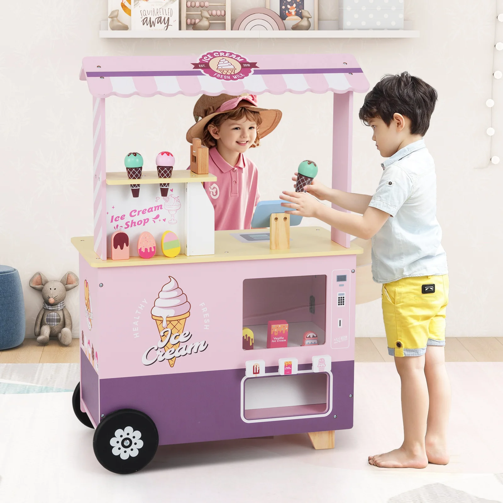 HONEY JOY Kids Ice Cream Cart, Ice Cream Truck Pretend Play Set with Vending Machine & Ice Cream Maker Toys - Image 9
