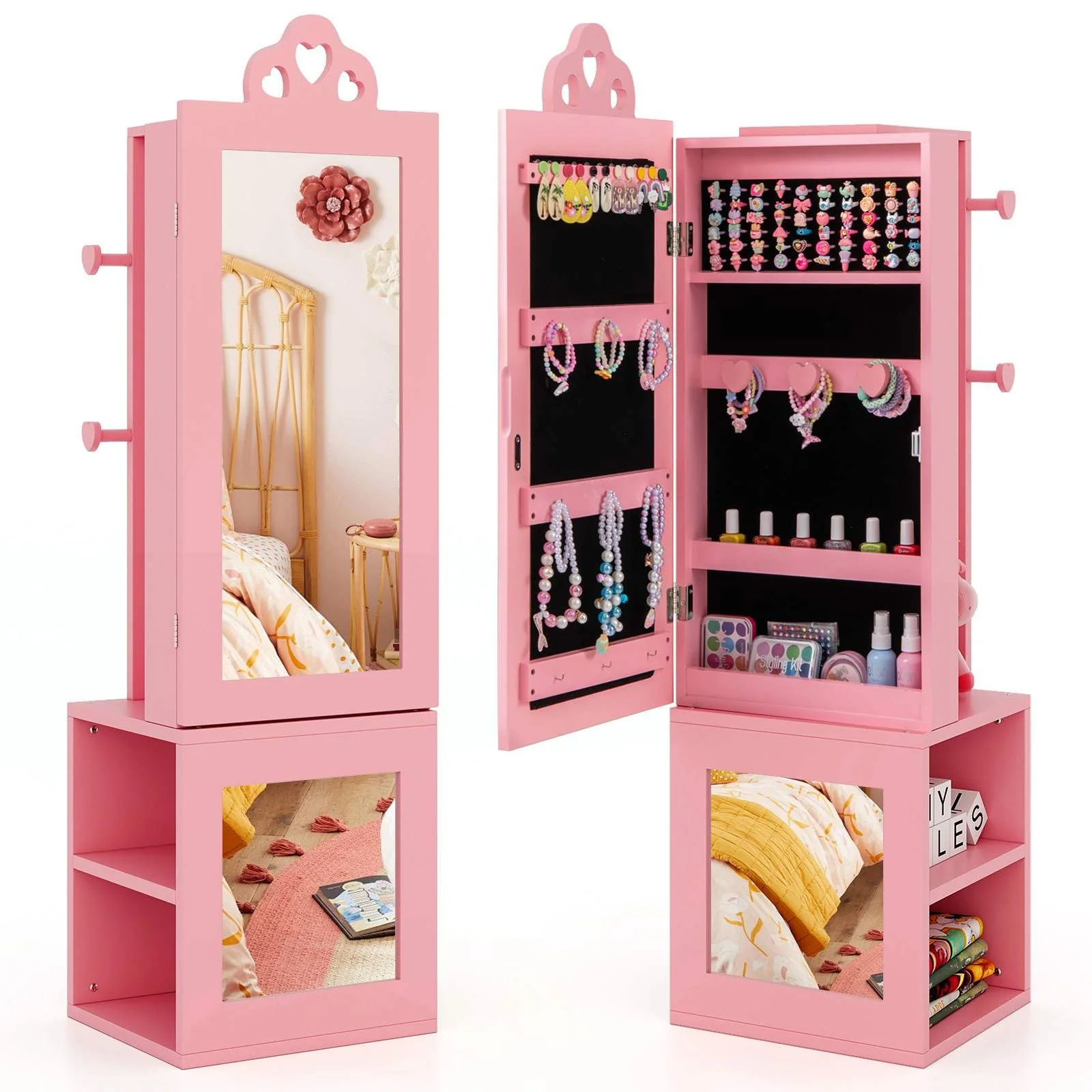 HONEY JOY Kids Jewelry Cabinet, 3-in-1 Freestanding Jewelry Armoire