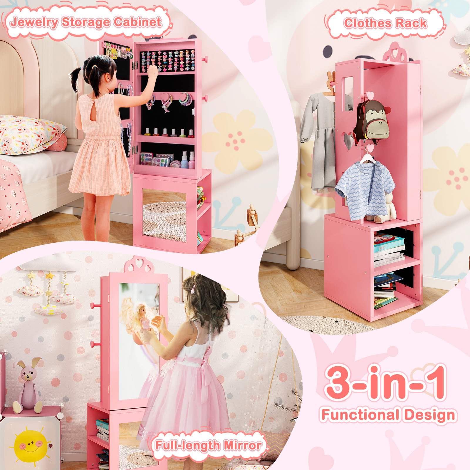 HONEY JOY Kids Jewelry Cabinet, 3-in-1 Freestanding Jewelry Armoire - Image 2