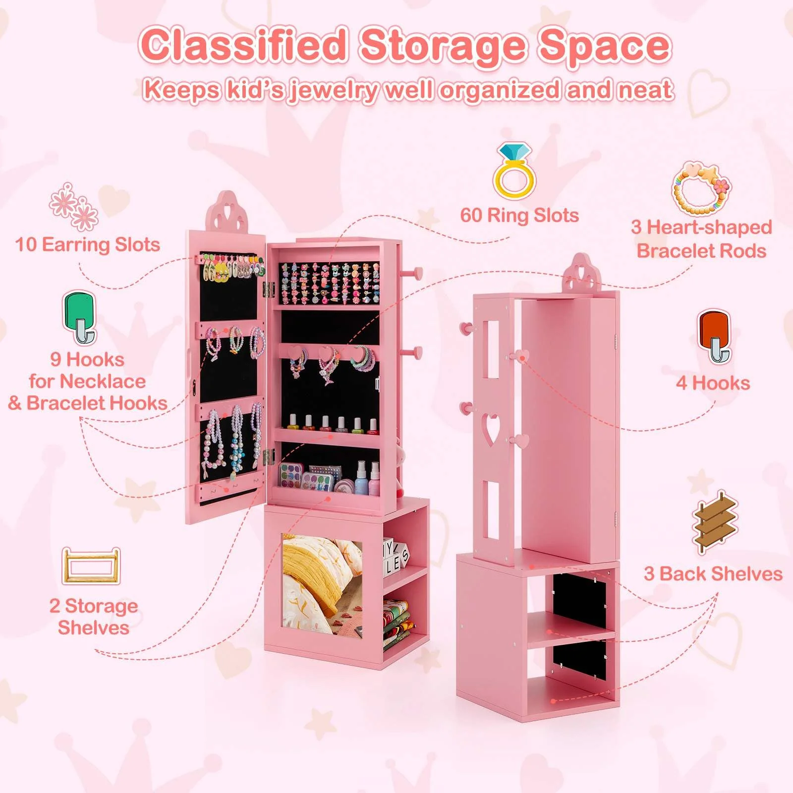 HONEY JOY Kids Jewelry Cabinet, 3-in-1 Freestanding Jewelry Armoire - Image 3