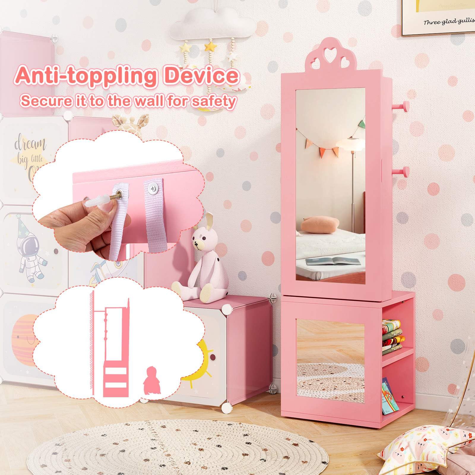 HONEY JOY Kids Jewelry Cabinet, 3-in-1 Freestanding Jewelry Armoire - Image 4