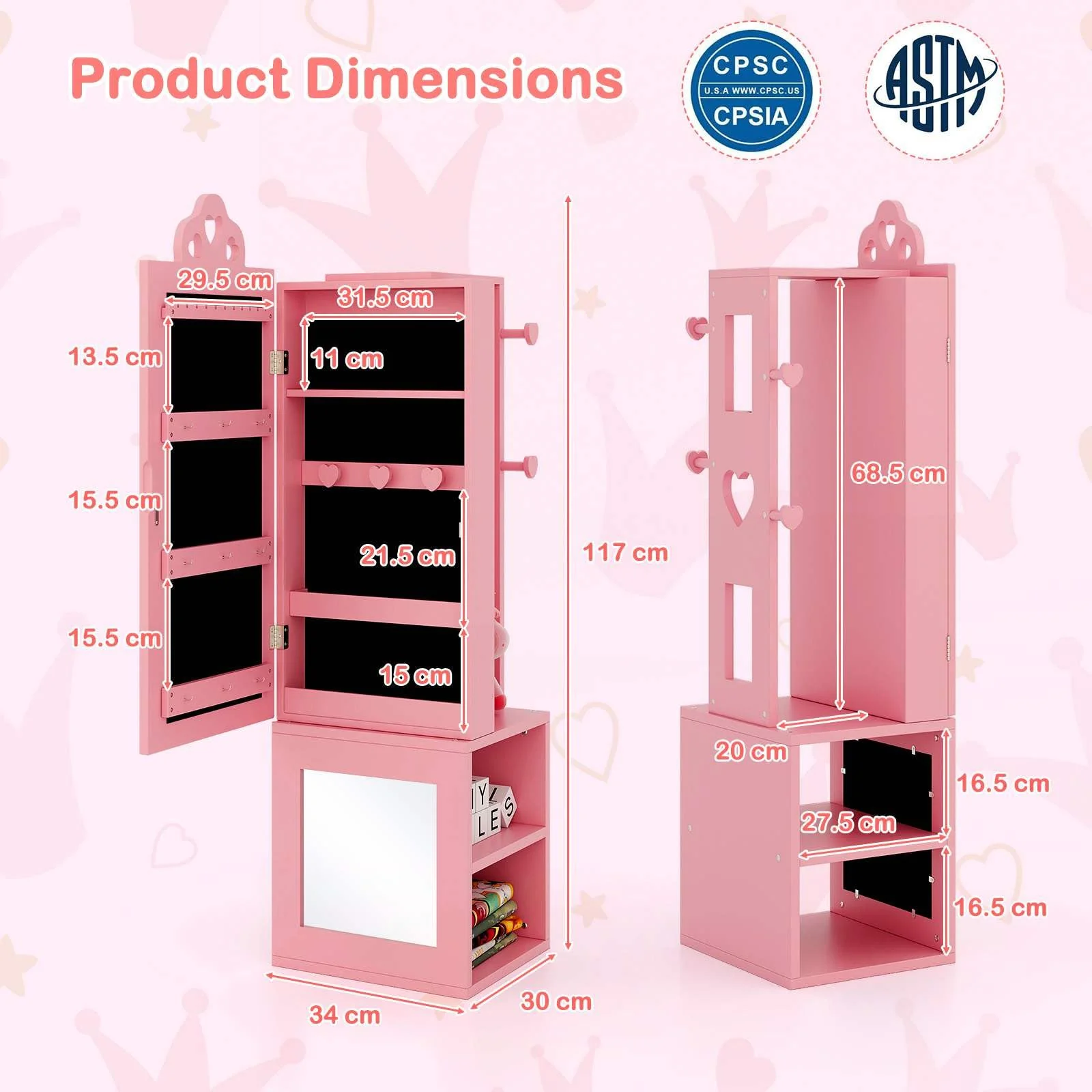 HONEY JOY Kids Jewelry Cabinet, 3-in-1 Freestanding Jewelry Armoire - Image 6