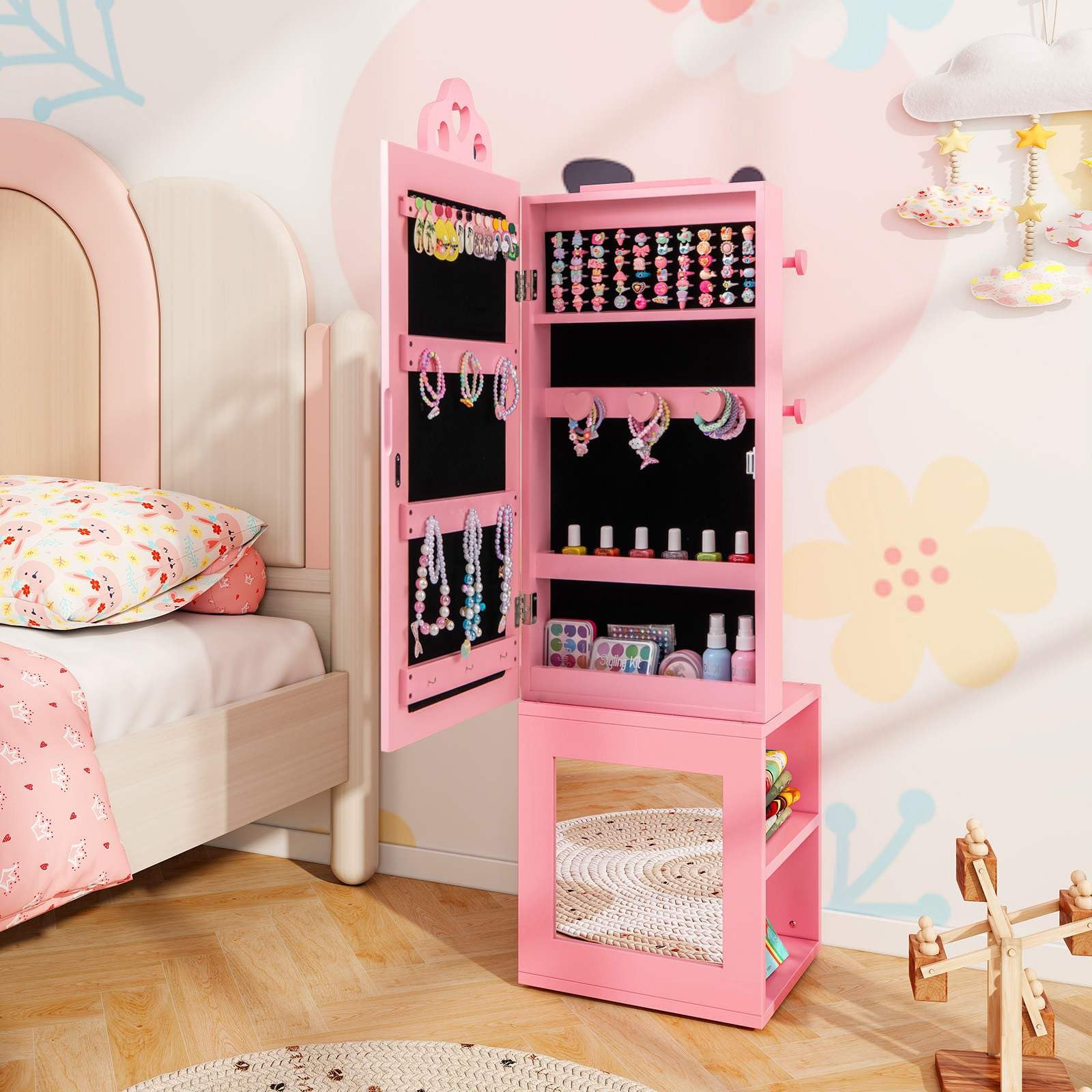HONEY JOY Kids Jewelry Cabinet, 3-in-1 Freestanding Jewelry Armoire - Image 7
