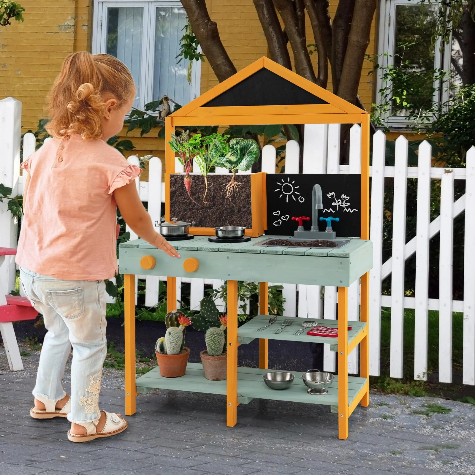 HONEY JOY Kids Kitchen Playset, Outdoor Mud Kitchen with Root Viewer Planter, Rotatable Faucet & Removable Sink - Image 2