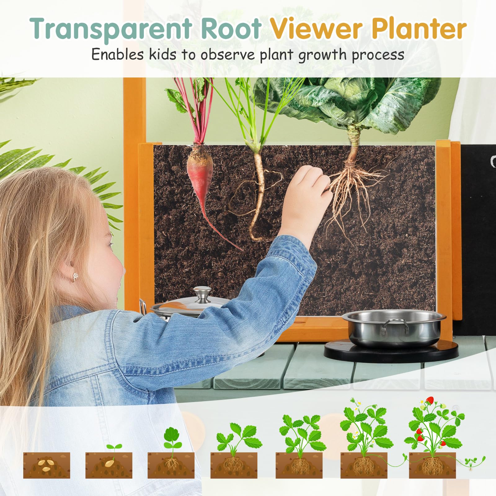 HONEY JOY Kids Kitchen Playset, Outdoor Mud Kitchen with Root Viewer Planter, Rotatable Faucet & Removable Sink - Image 3