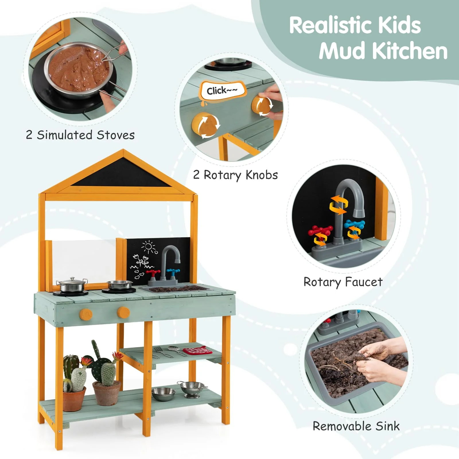 HONEY JOY Kids Kitchen Playset, Outdoor Mud Kitchen with Root Viewer Planter, Rotatable Faucet & Removable Sink - Image 5