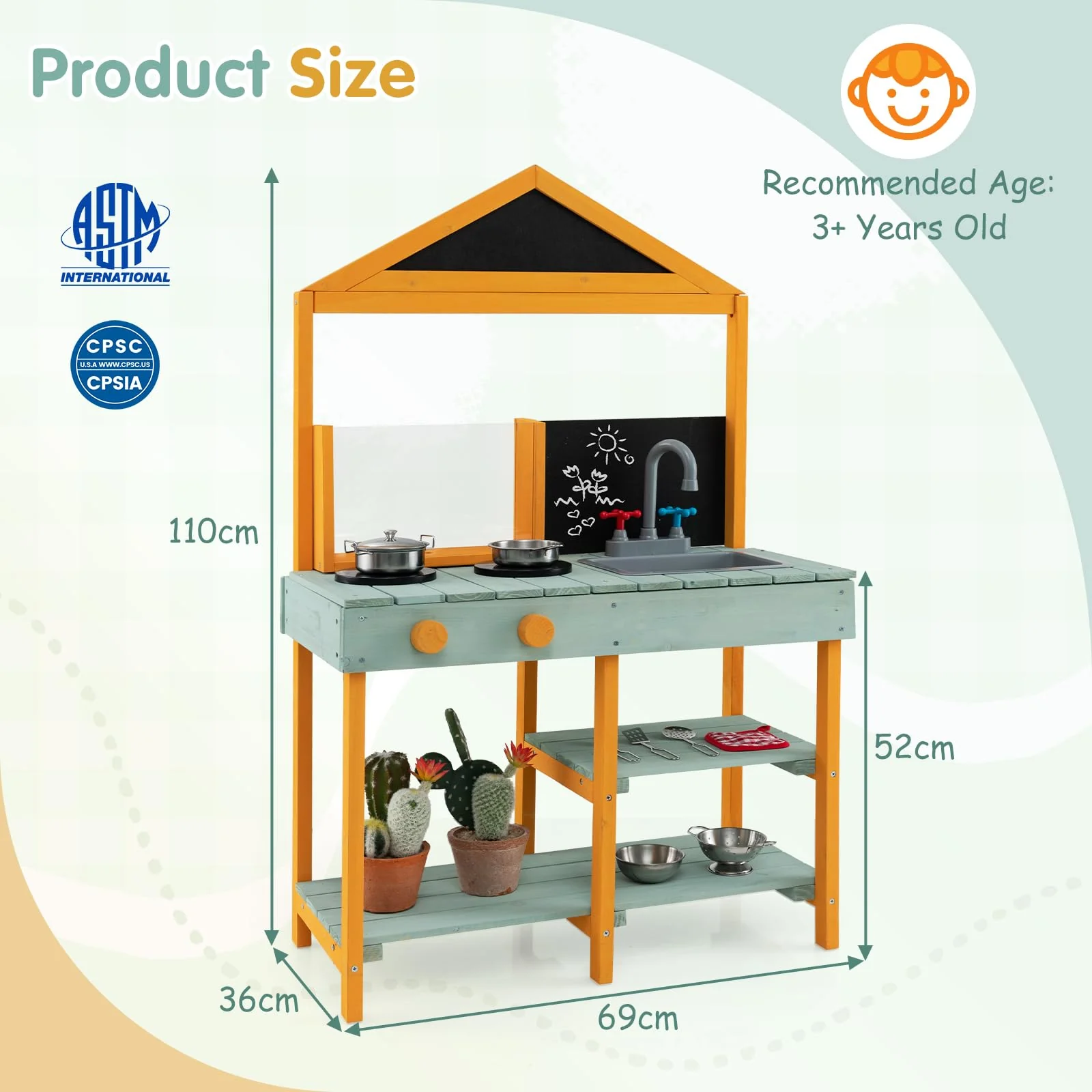 HONEY JOY Kids Kitchen Playset, Outdoor Mud Kitchen with Root Viewer Planter, Rotatable Faucet & Removable Sink - Image 7