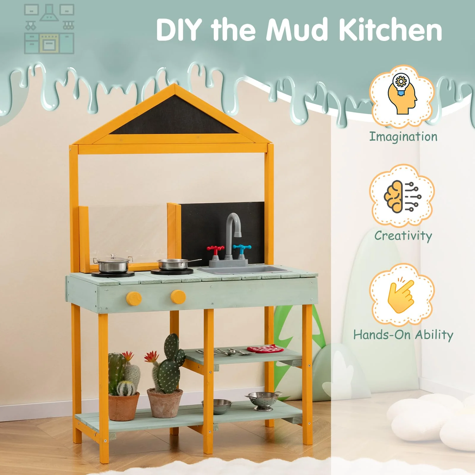 HONEY JOY Kids Kitchen Playset, Outdoor Mud Kitchen with Root Viewer Planter, Rotatable Faucet & Removable Sink - Image 8