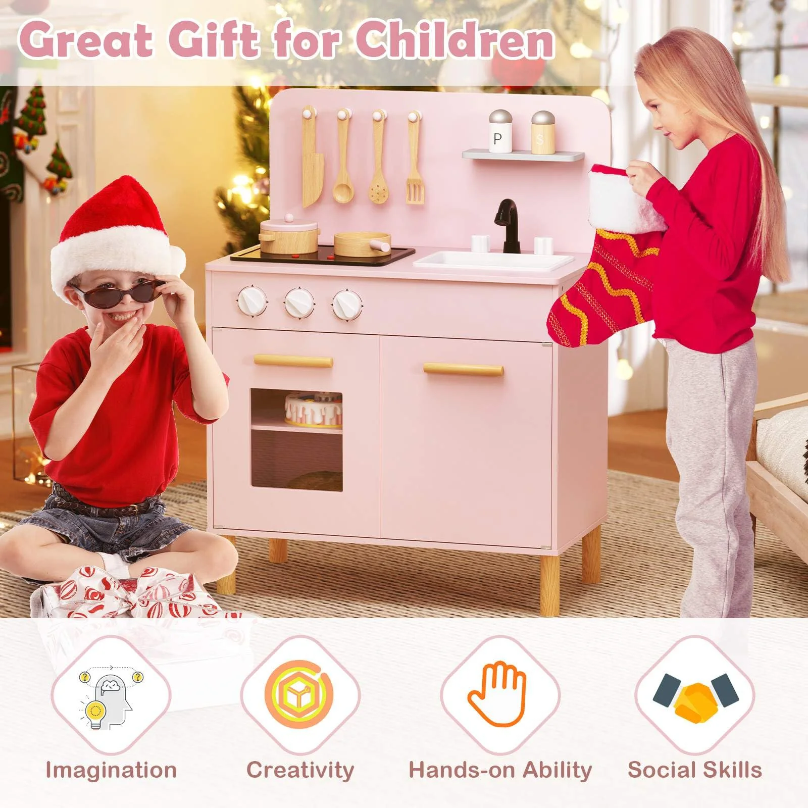 HONEY JOY Kids Kitchen Playset, Toddler Pretend Play Kitchen with Light up Stove & Cooking Sounds - Image 2