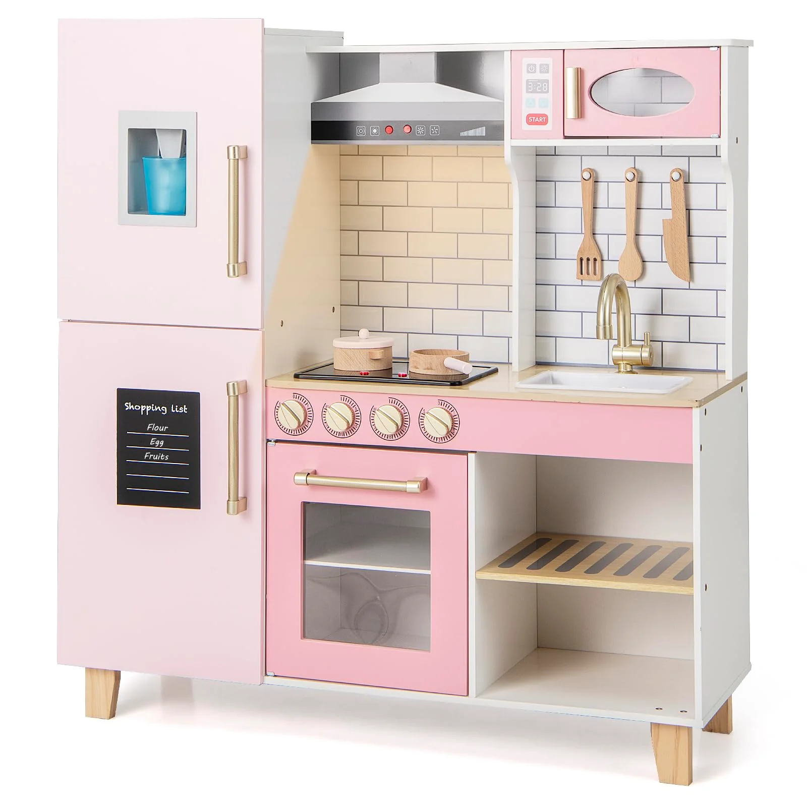 HONEY JOY Kids Kitchen Playset, Wooden Pretend Play Kitchen w/Ice Maker, Range Hood