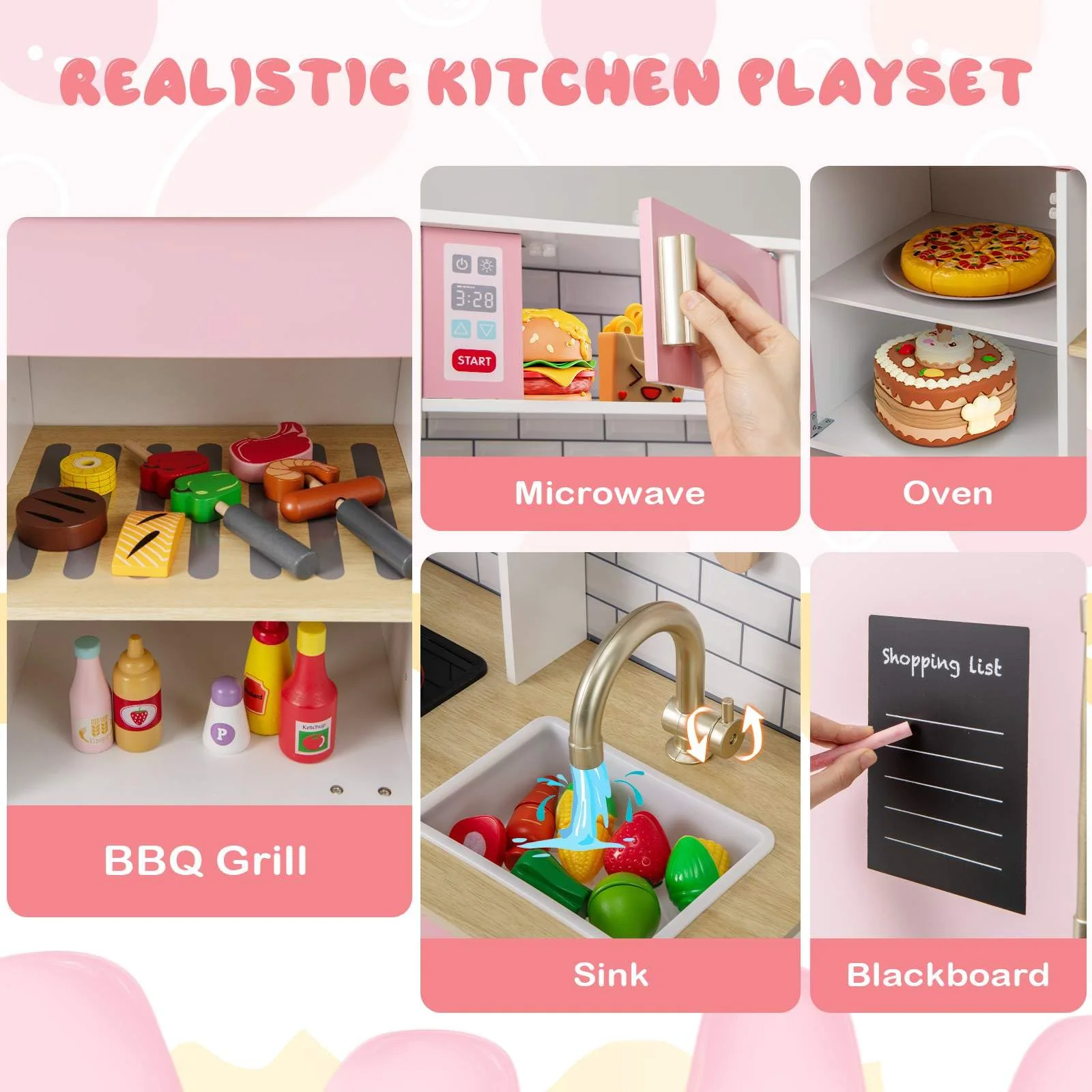 HONEY JOY Kids Kitchen Playset, Wooden Pretend Play Kitchen w/Ice Maker, Range Hood - Image 5