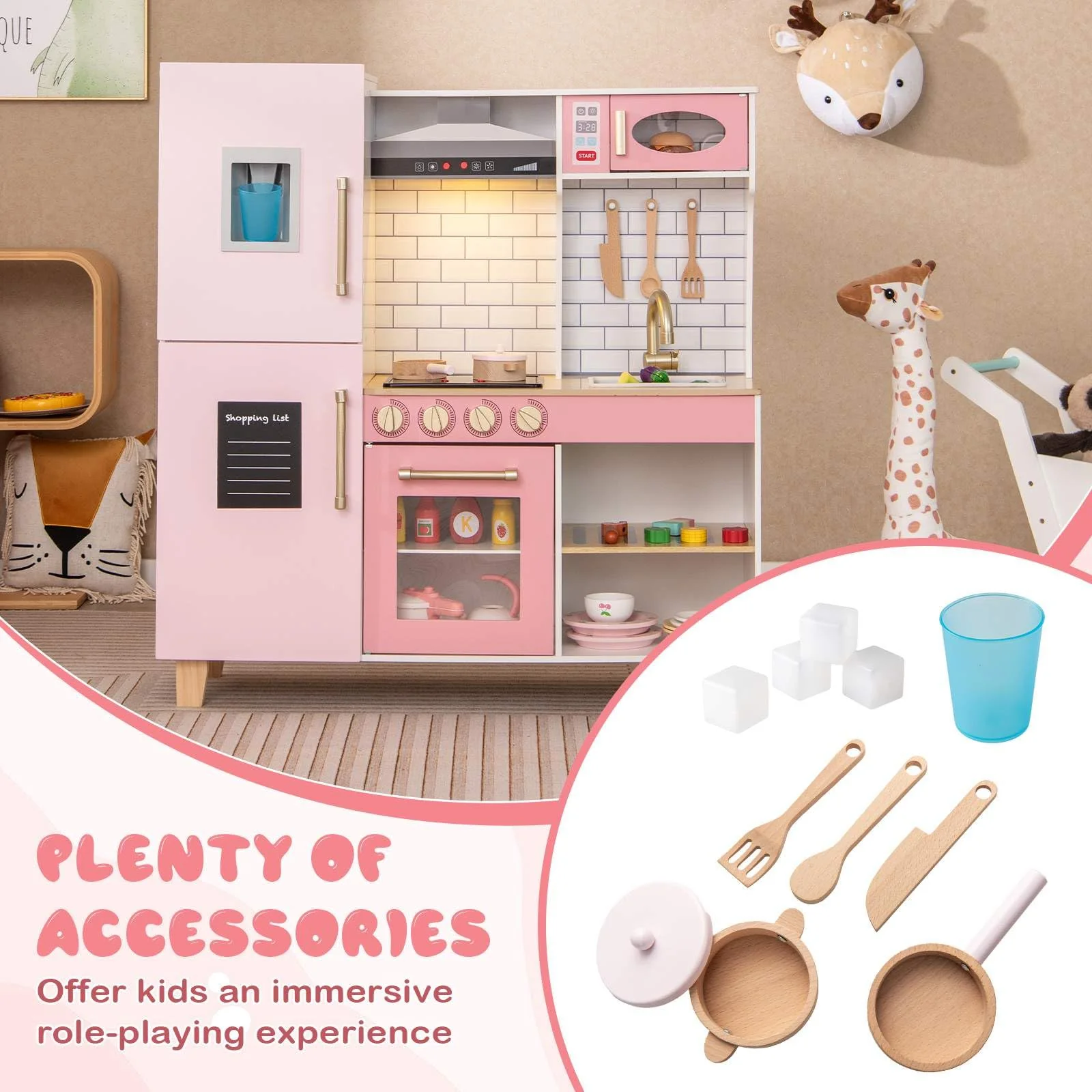 HONEY JOY Kids Kitchen Playset, Wooden Pretend Play Kitchen w/Ice Maker, Range Hood - Image 6