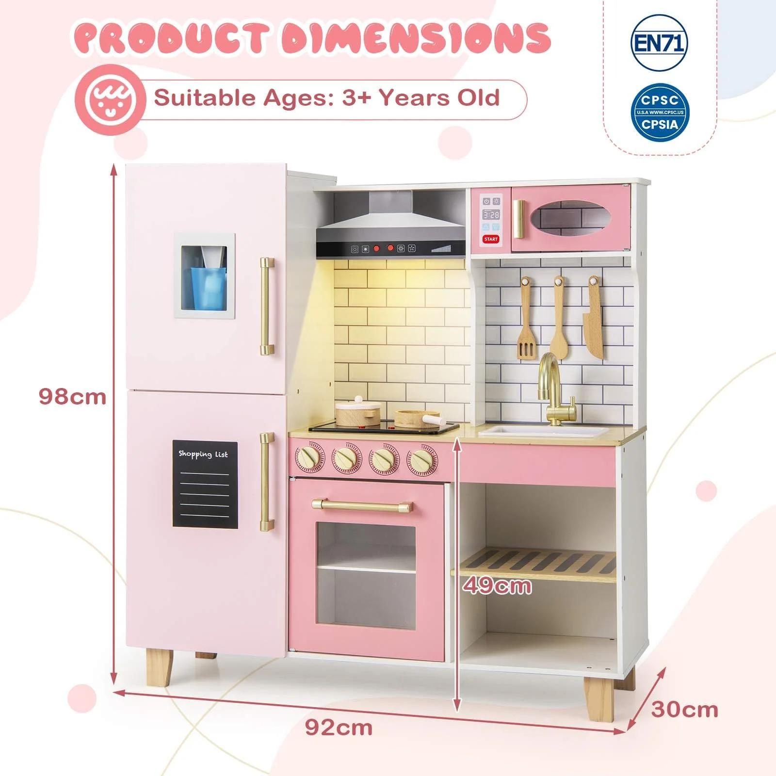 HONEY JOY Kids Kitchen Playset, Wooden Pretend Play Kitchen w/Ice Maker, Range Hood - Image 7