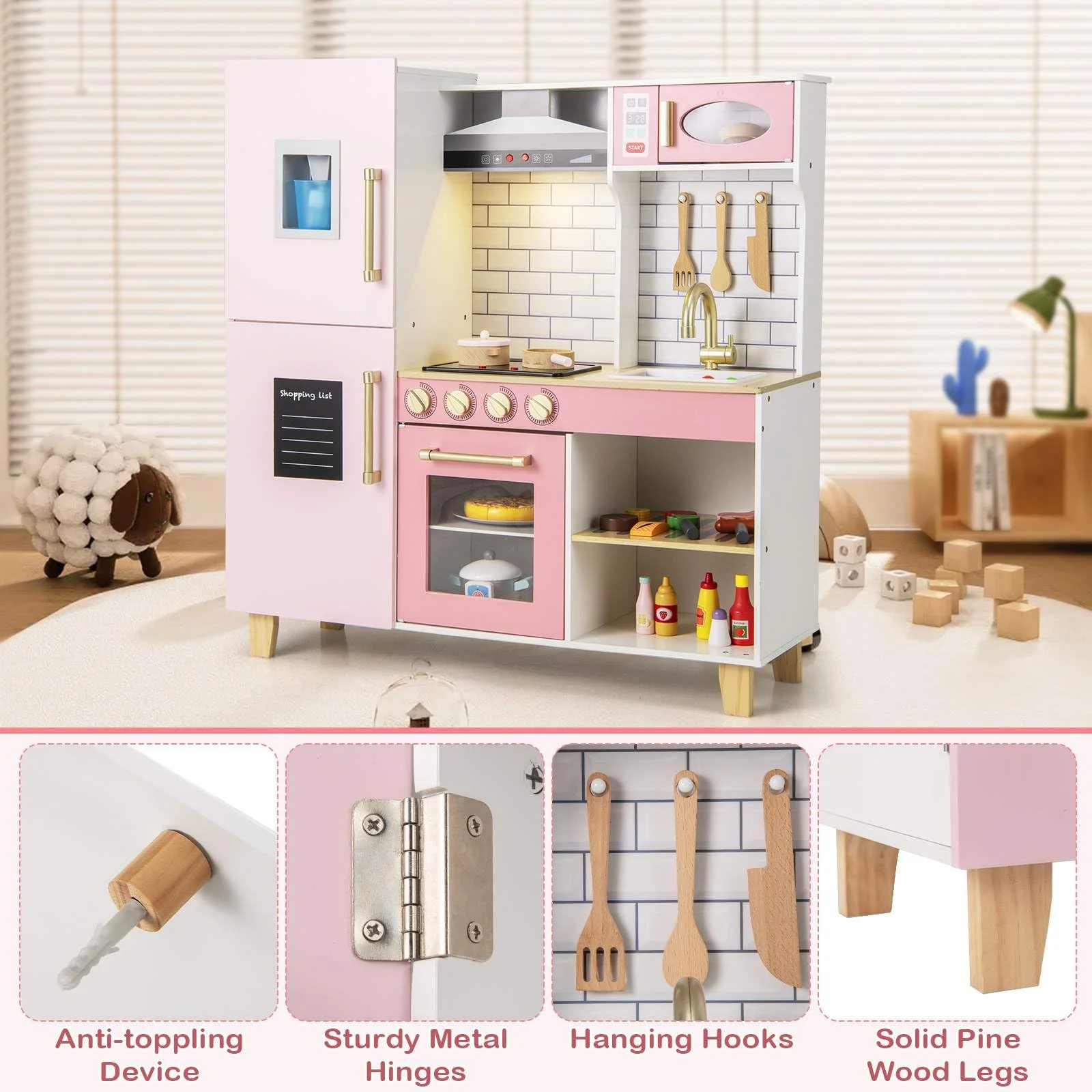 HONEY JOY Kids Kitchen Playset, Wooden Pretend Play Kitchen w/Ice Maker, Range Hood - Image 8