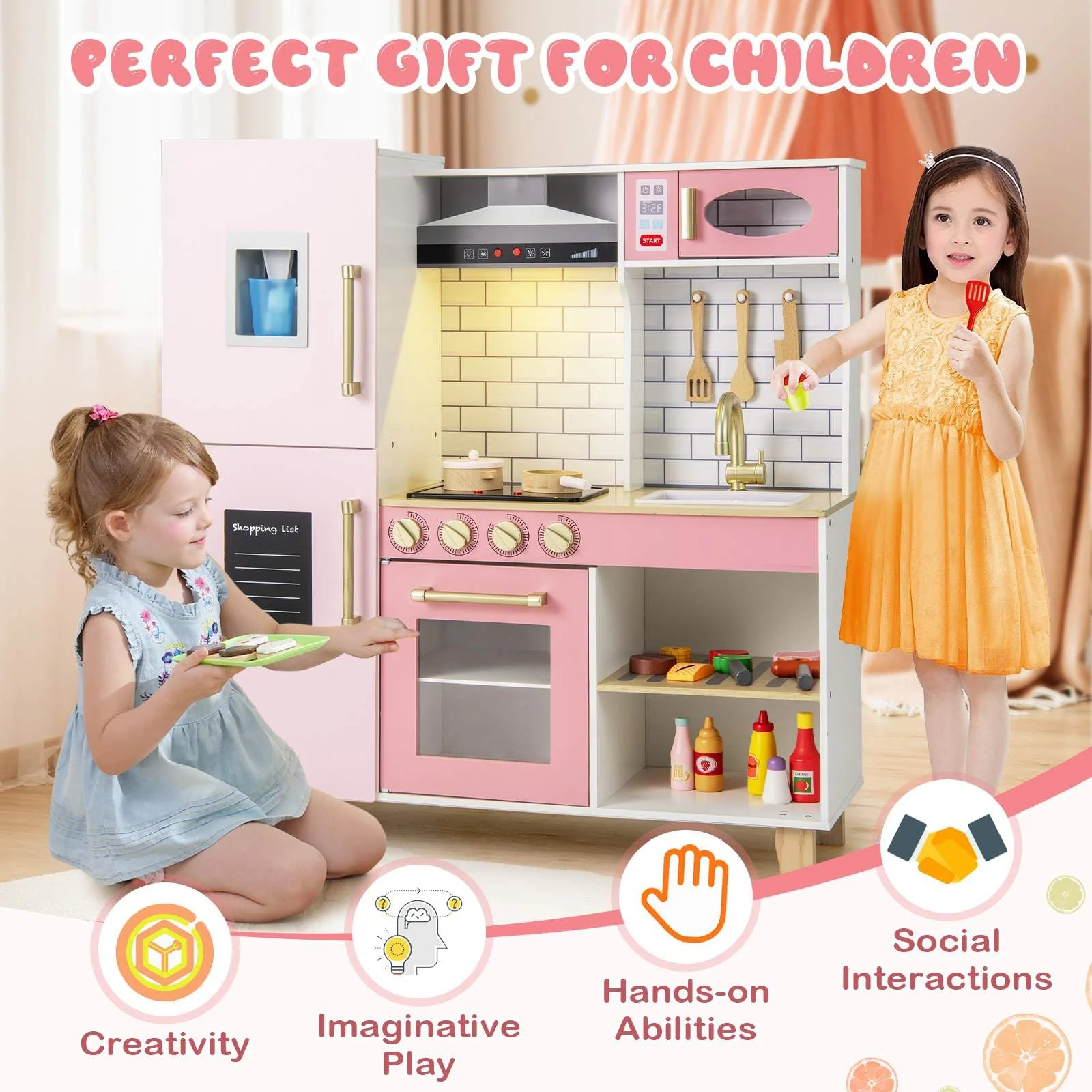 HONEY JOY Kids Kitchen Playset, Wooden Pretend Play Kitchen w/Ice Maker, Range Hood - Image 9