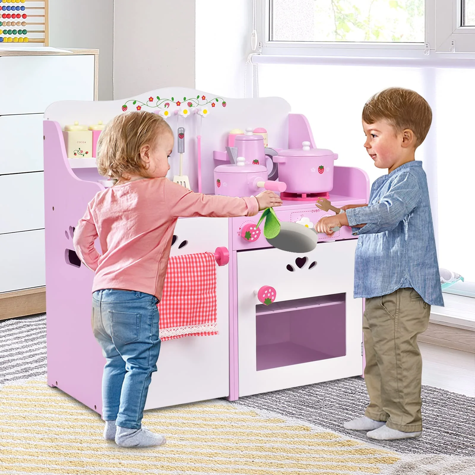 HONEY JOY Kids Kitchen Playset, Wooden Strawberry Themed Pretend Play Set for Children - Image 2