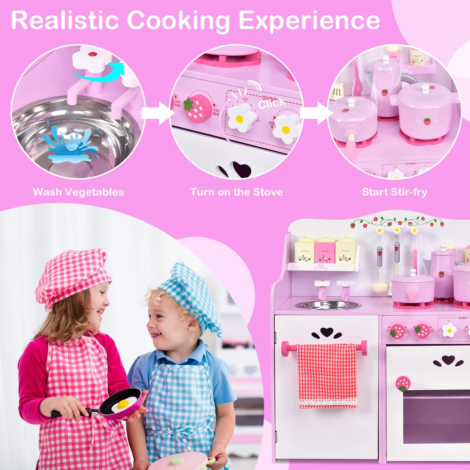 HONEY JOY Kids Kitchen Playset, Wooden Strawberry Themed Pretend Play Set for Children - Image 4