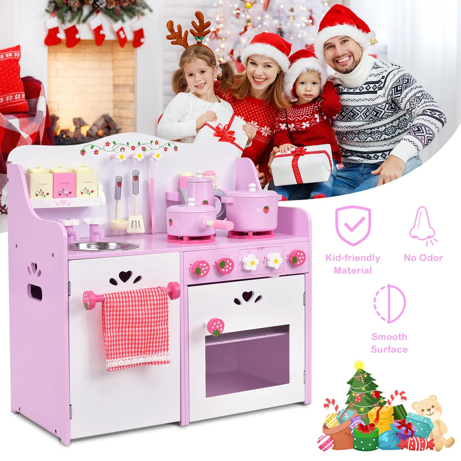 HONEY JOY Kids Kitchen Playset, Wooden Strawberry Themed Pretend Play Set for Children - Image 5