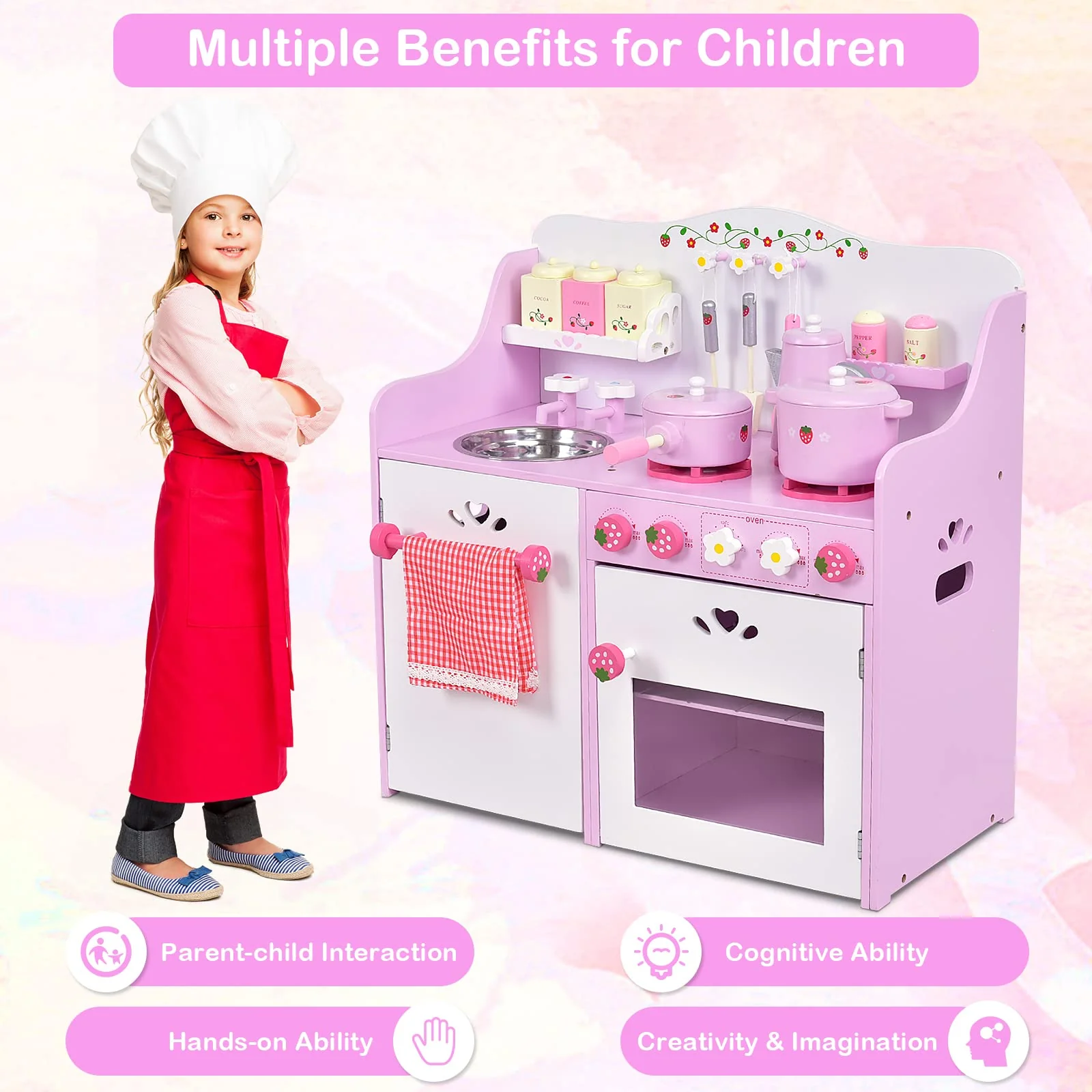 HONEY JOY Kids Kitchen Playset, Wooden Strawberry Themed Pretend Play Set for Children - Image 6