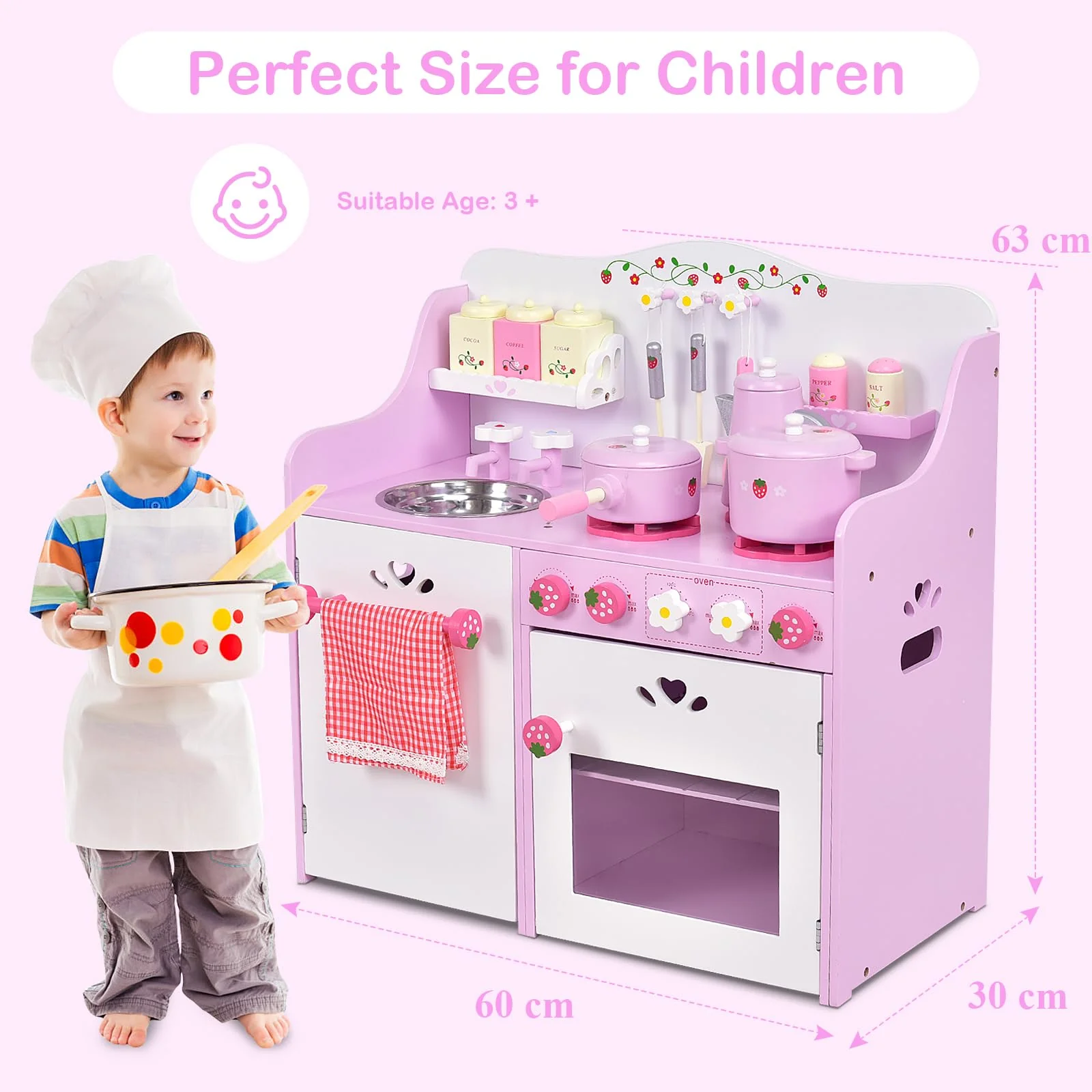 HONEY JOY Kids Kitchen Playset, Wooden Strawberry Themed Pretend Play Set for Children - Image 7