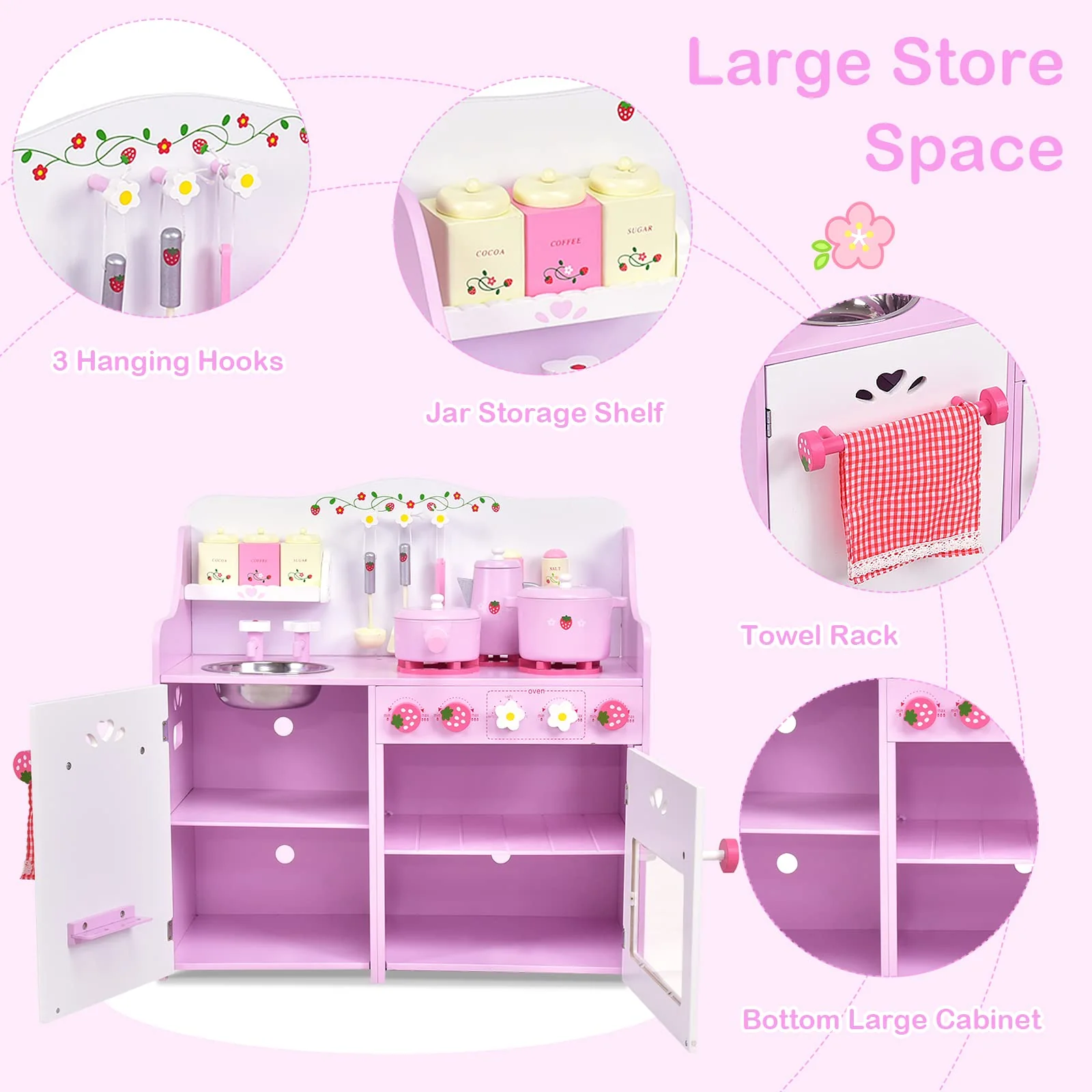 HONEY JOY Kids Kitchen Playset, Wooden Strawberry Themed Pretend Play Set for Children - Image 8