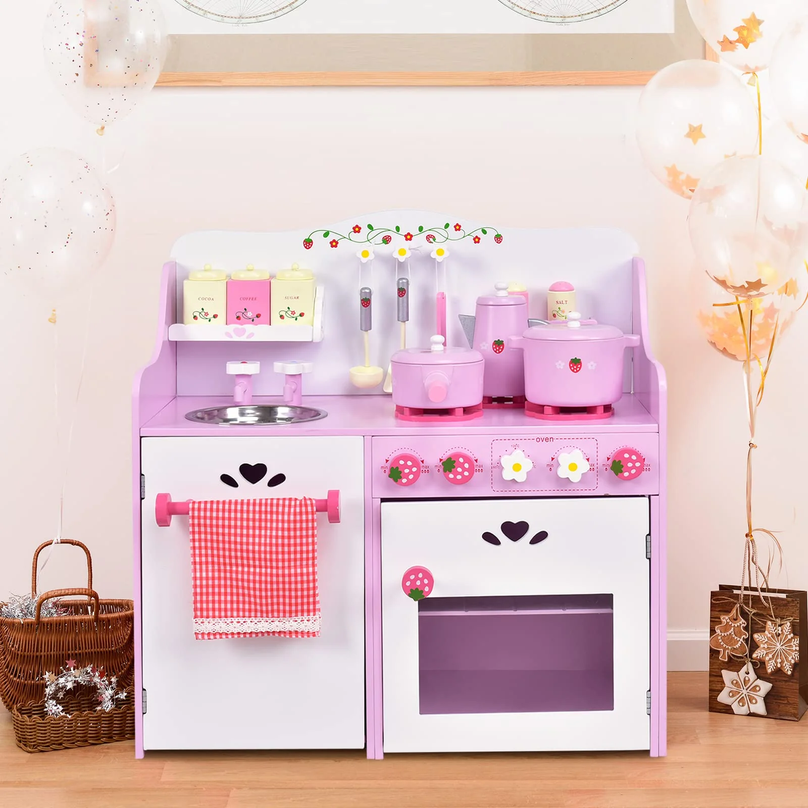 HONEY JOY Kids Kitchen Playset, Wooden Strawberry Themed Pretend Play Set for Children - Image 9