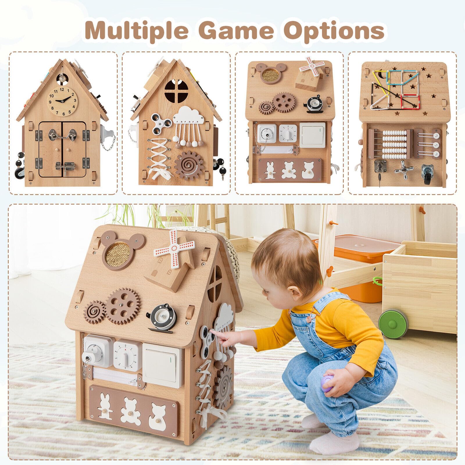 HONEY JOY Kids Montessori Busy House Toy, Wooden Multi-Purpose Play House w/Interior Storage Space - Image 4
