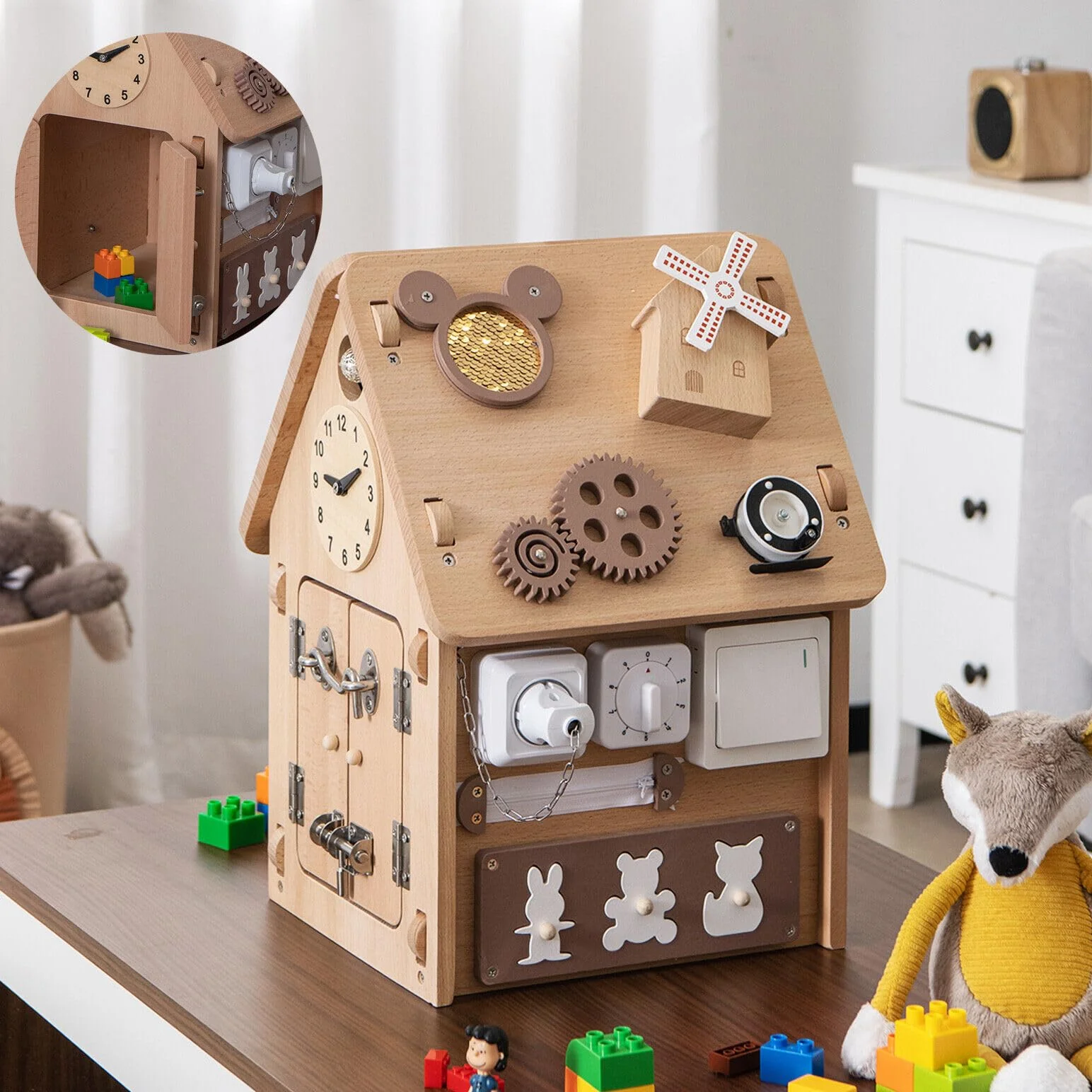HONEY JOY Kids Montessori Busy House Toy, Wooden Multi-Purpose Play House w/Interior Storage Space - Image 9