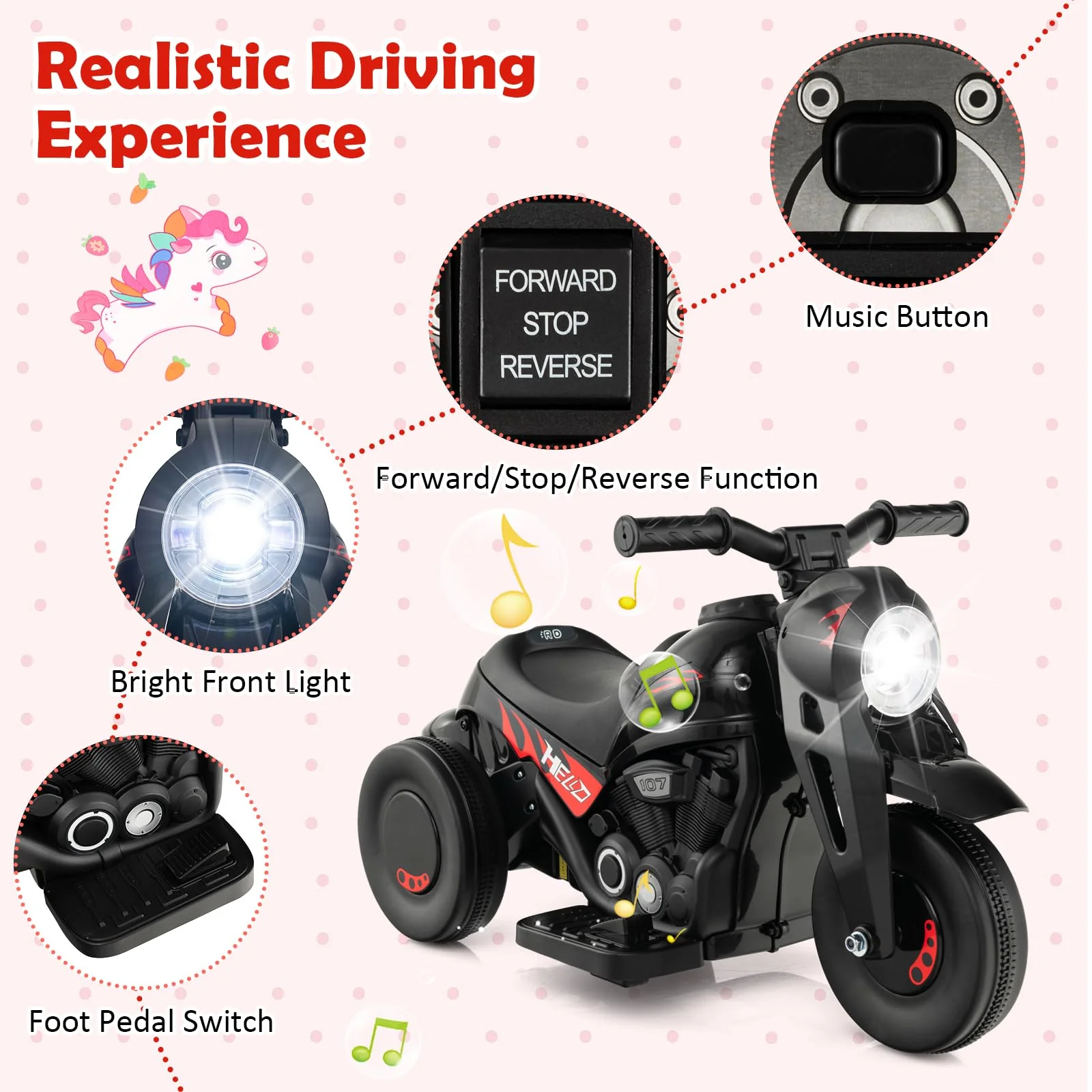 HONEY JOY Kids Motorcycle 6V Battery Powered Ride on Motorbike with Bubble Maker - Image 7