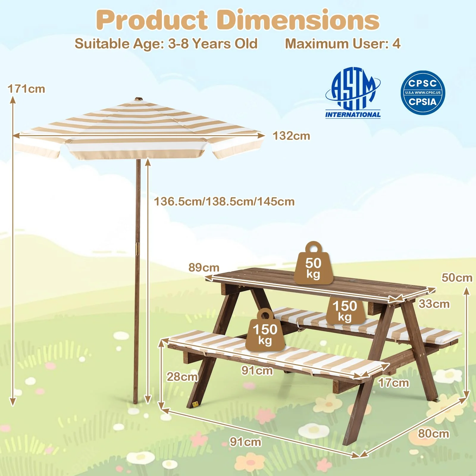HONEY JOY Kids Picnic Table with Bench, Fir Wood Toddler Outdoor Table Set - Image 3