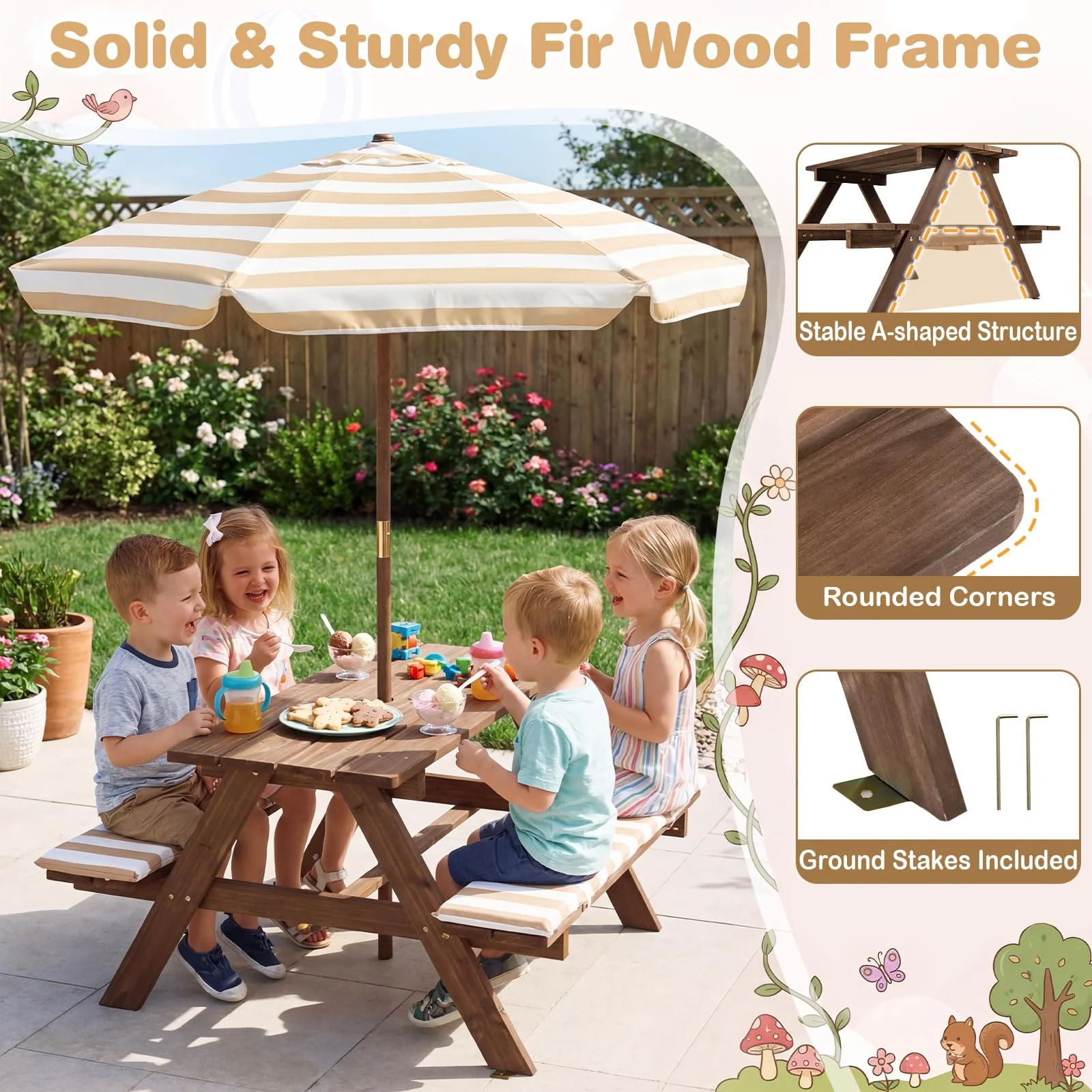 HONEY JOY Kids Picnic Table with Bench, Fir Wood Toddler Outdoor Table Set - Image 8