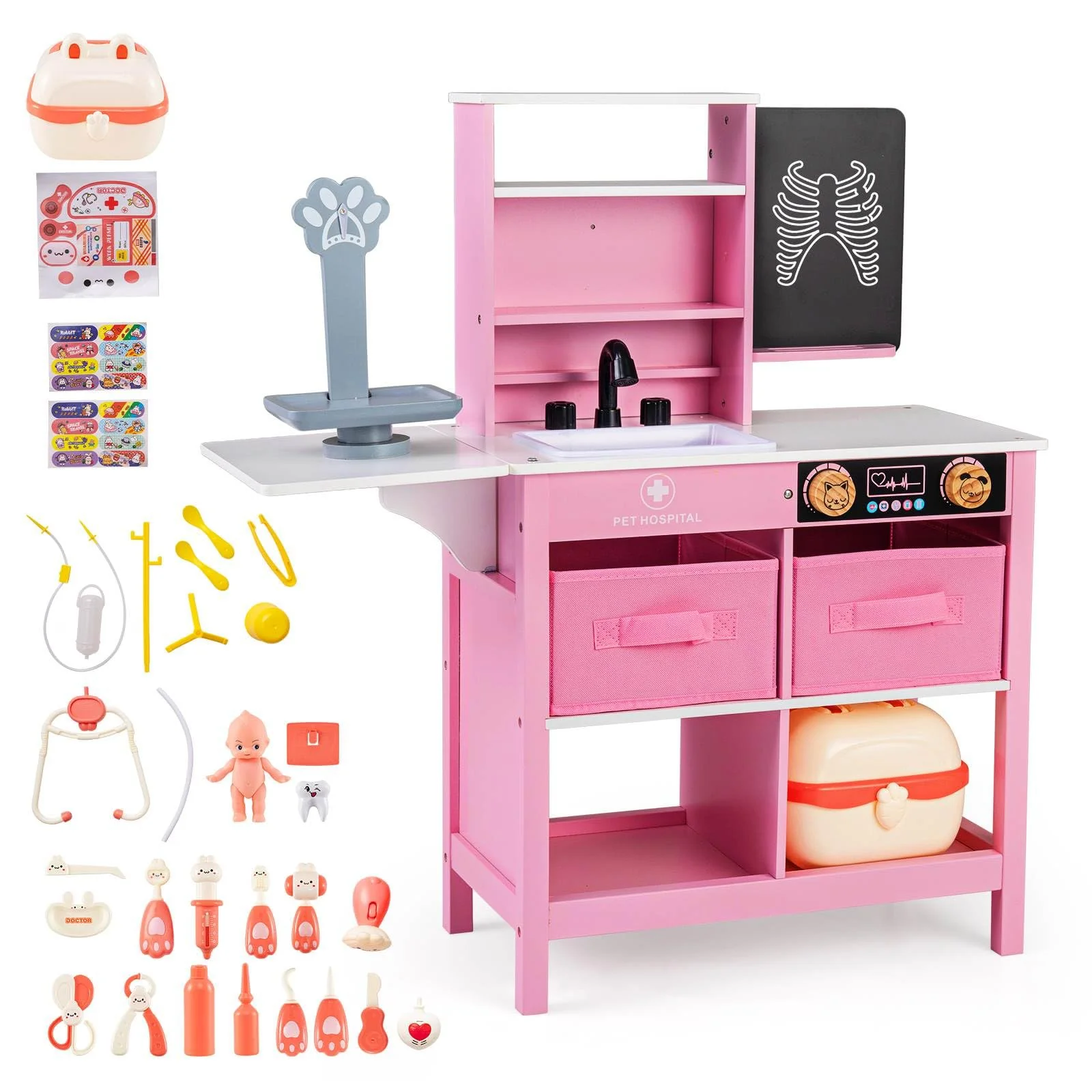 HONEY JOY Kids Play Doctor's Office w/Blackboard, Pet Scale, Faucet, Sink - Image 10