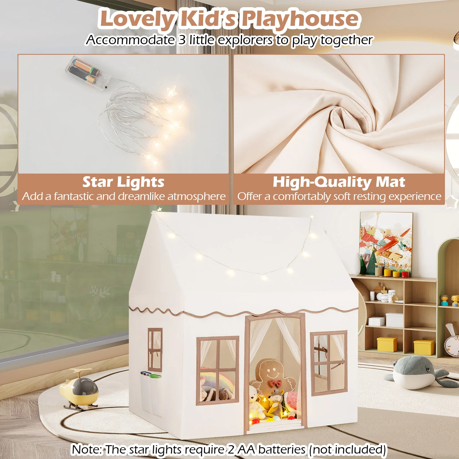 HONEY JOY Kids Play Tent, Toddler Large Playhouse w/Star String Lights - Image 10