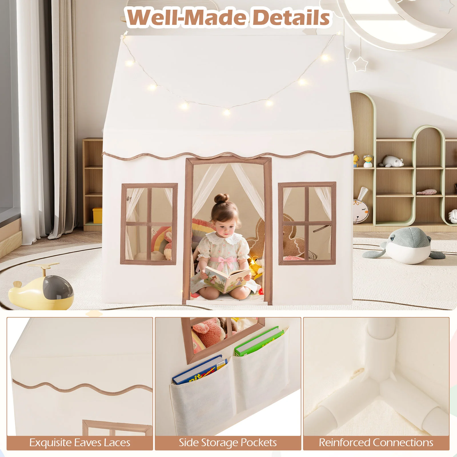 HONEY JOY Kids Play Tent, Toddler Large Playhouse w/Star String Lights - Image 8
