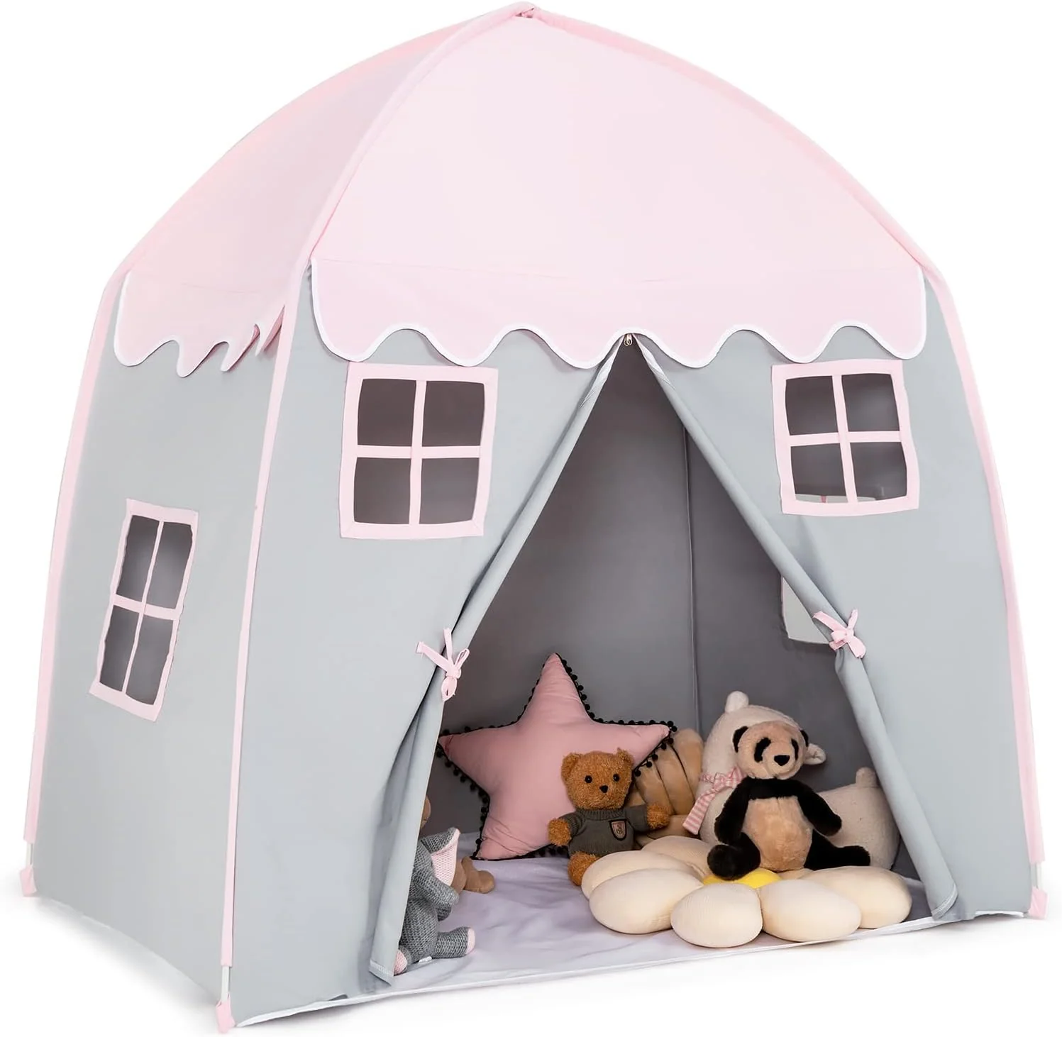 HONEY JOY Kids Play Tent with Non-Slip Mat, Large Cotton Canvas Playhouse w/ 4 Windows, Straps, Zipper, Carry Bag - Image 10